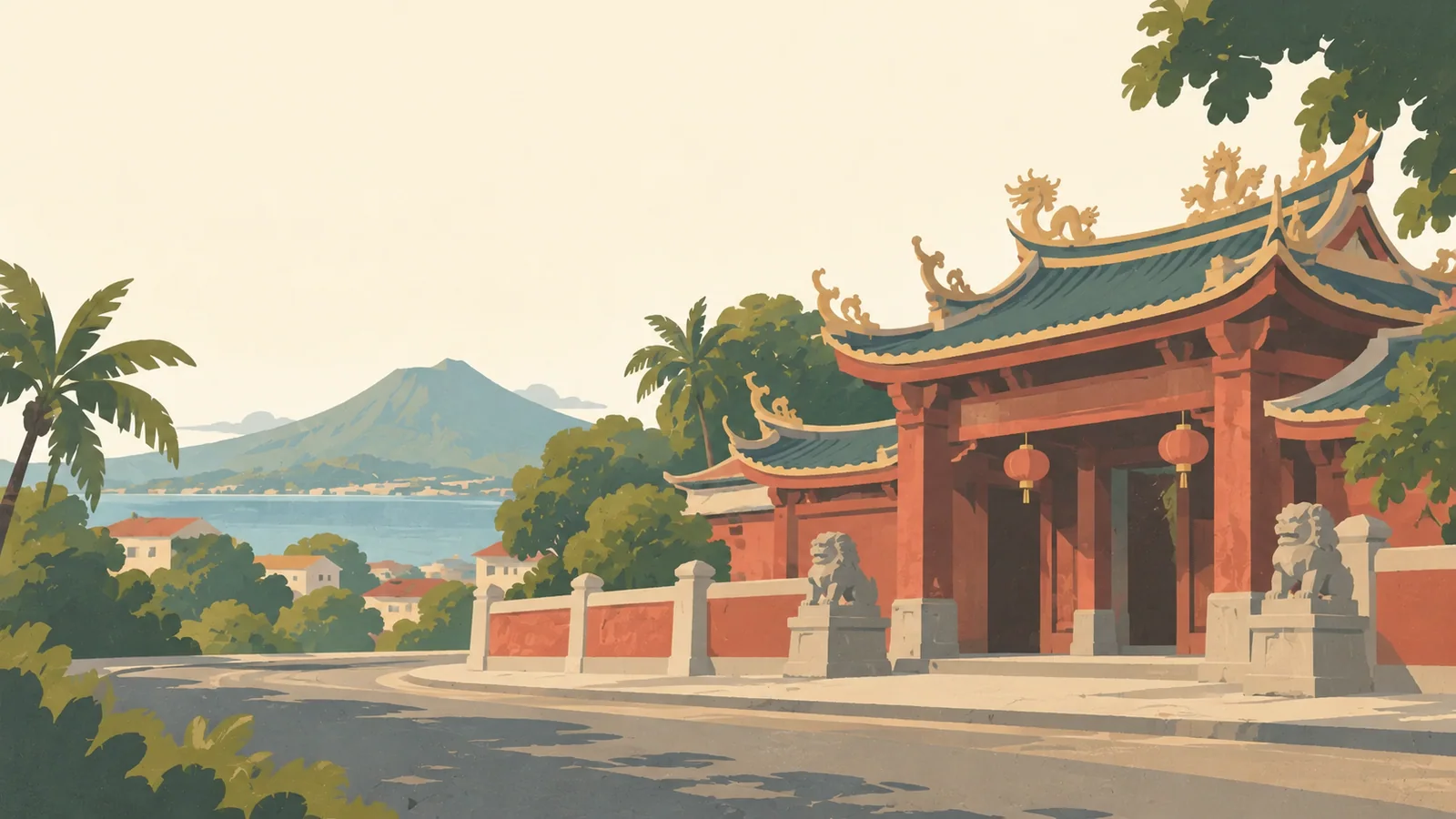 Flat gouache illustration of Manado: Manado's Ban Hin Kiong temple muted red entrance and broad ornamental roof silhouettes above a quiet street corner.