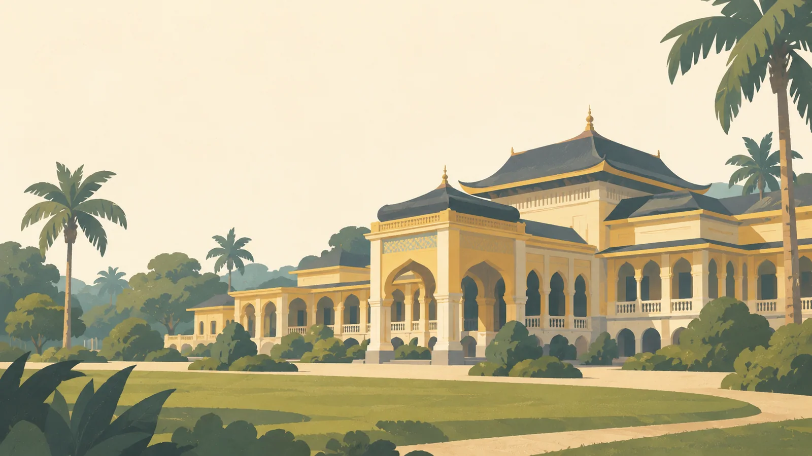 Flat gouache illustration of Medan: Medan's Maimun Palace ochre arcades and distinctive dark curved roof above a quiet lawn.