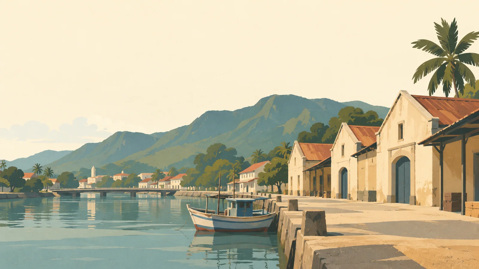 Flat gouache illustration of Padang: Padang's old Batang Arau riverfront warehouses with one small moored fishing boat and a broad distant green ridge.
