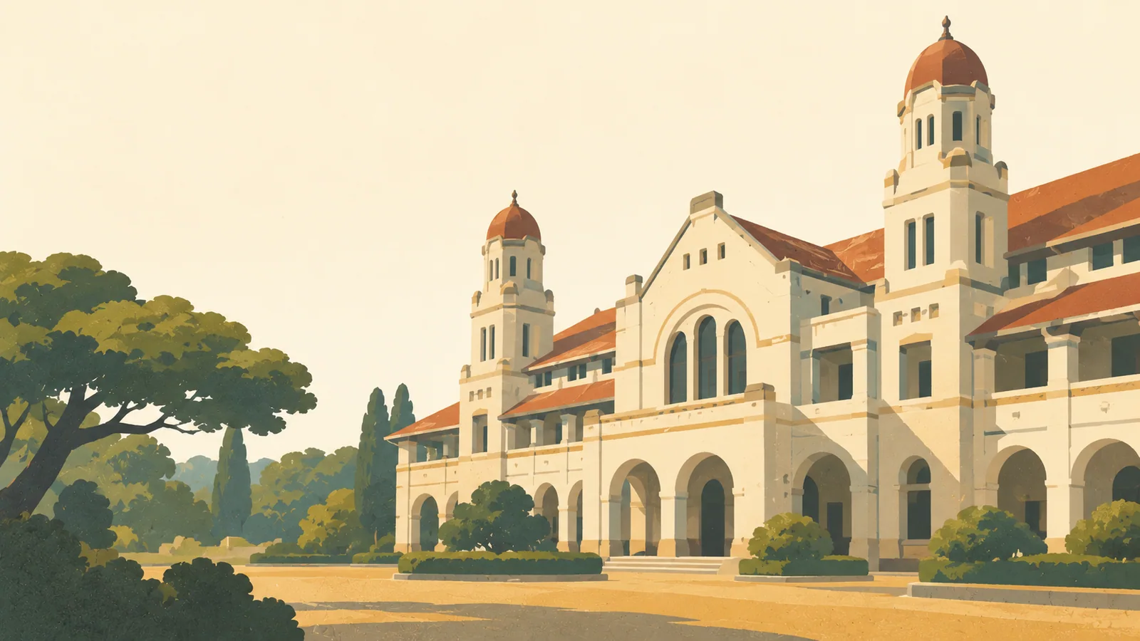 Flat gouache illustration of Semarang: Semarang's Lawang Sewu cream arches and twin corner towers beside a quiet ochre forecourt.