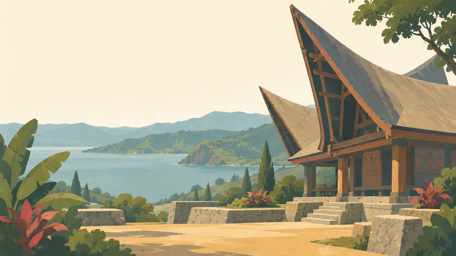 Flat gouache illustration of Sumatra: Lake Toba's Batak house with its dramatically upswept roof beside a simple garden and distant broad lake plane.