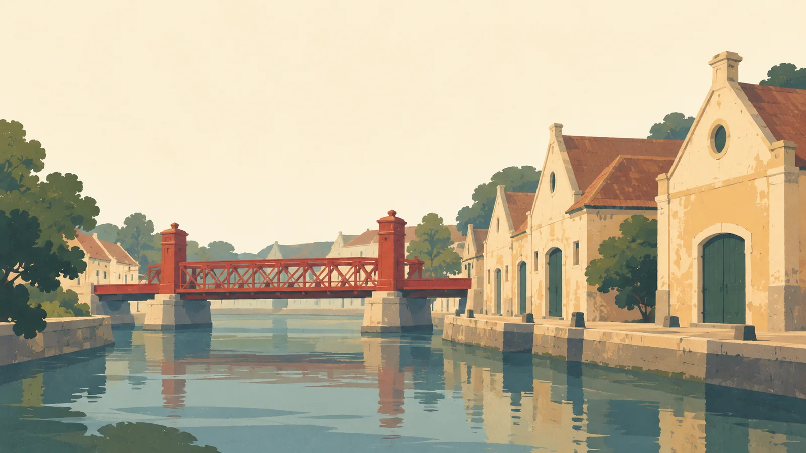Flat gouache illustration of Surabaya: Surabaya's red Jembatan Merah bridge and old warm plaster trading warehouses at a narrow river bend.