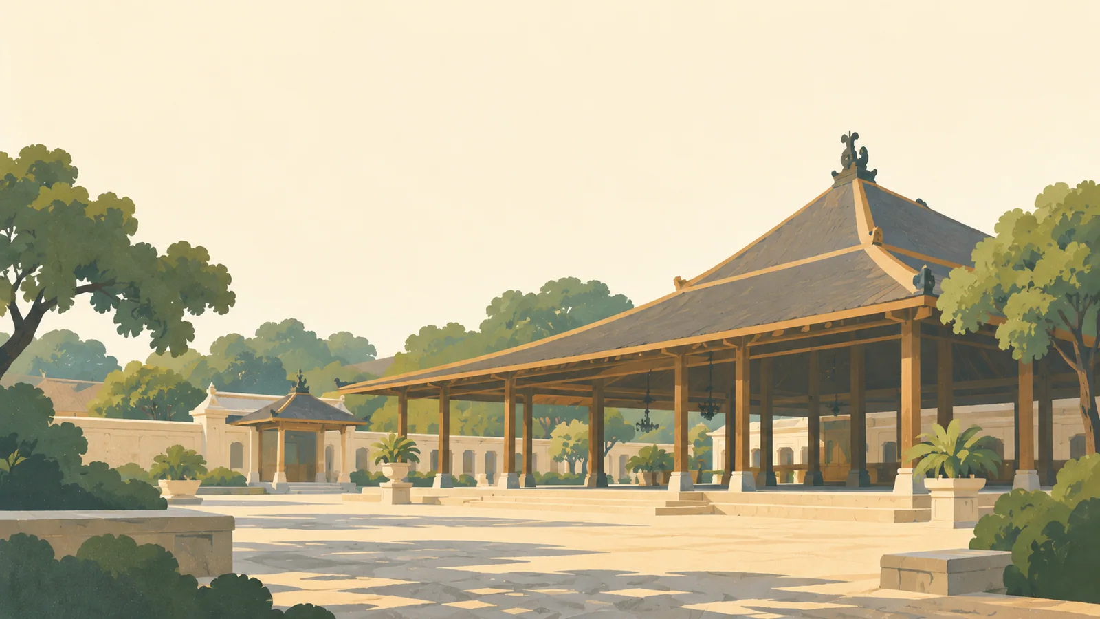 Flat gouache illustration of Surakarta: Surakarta's Mangkunegaran palace broad timber pendopo roof over an airy open pavilion and quiet courtyard.