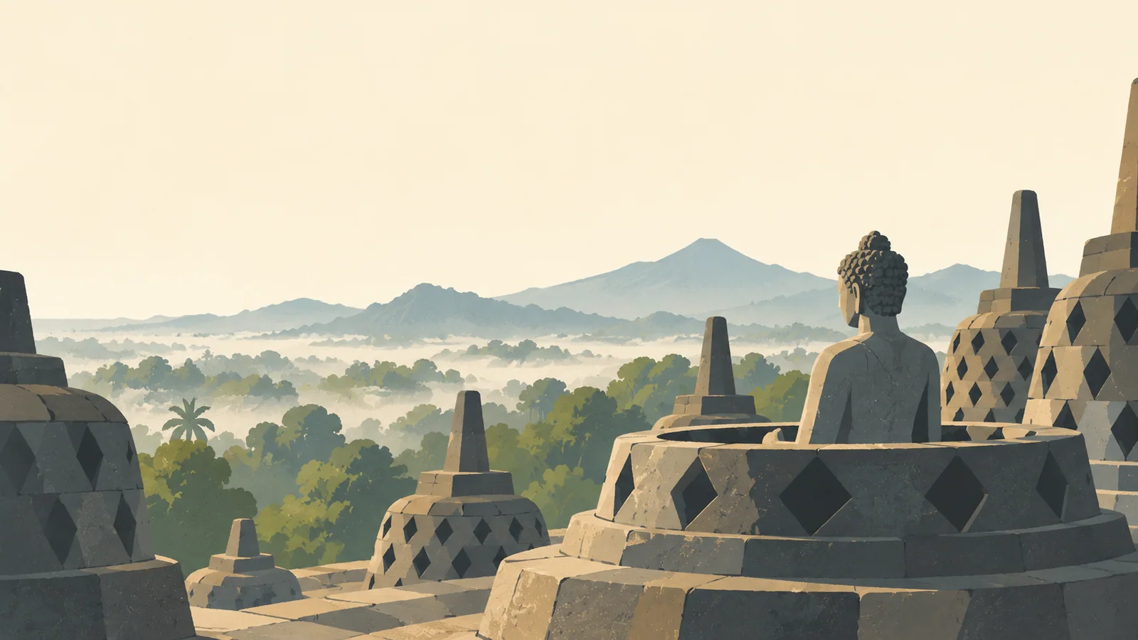 Flat gouache illustration of Yogyakarta: Borobudur's bell-shaped stone stupas with one seated Buddha and low misty forest beyond.
