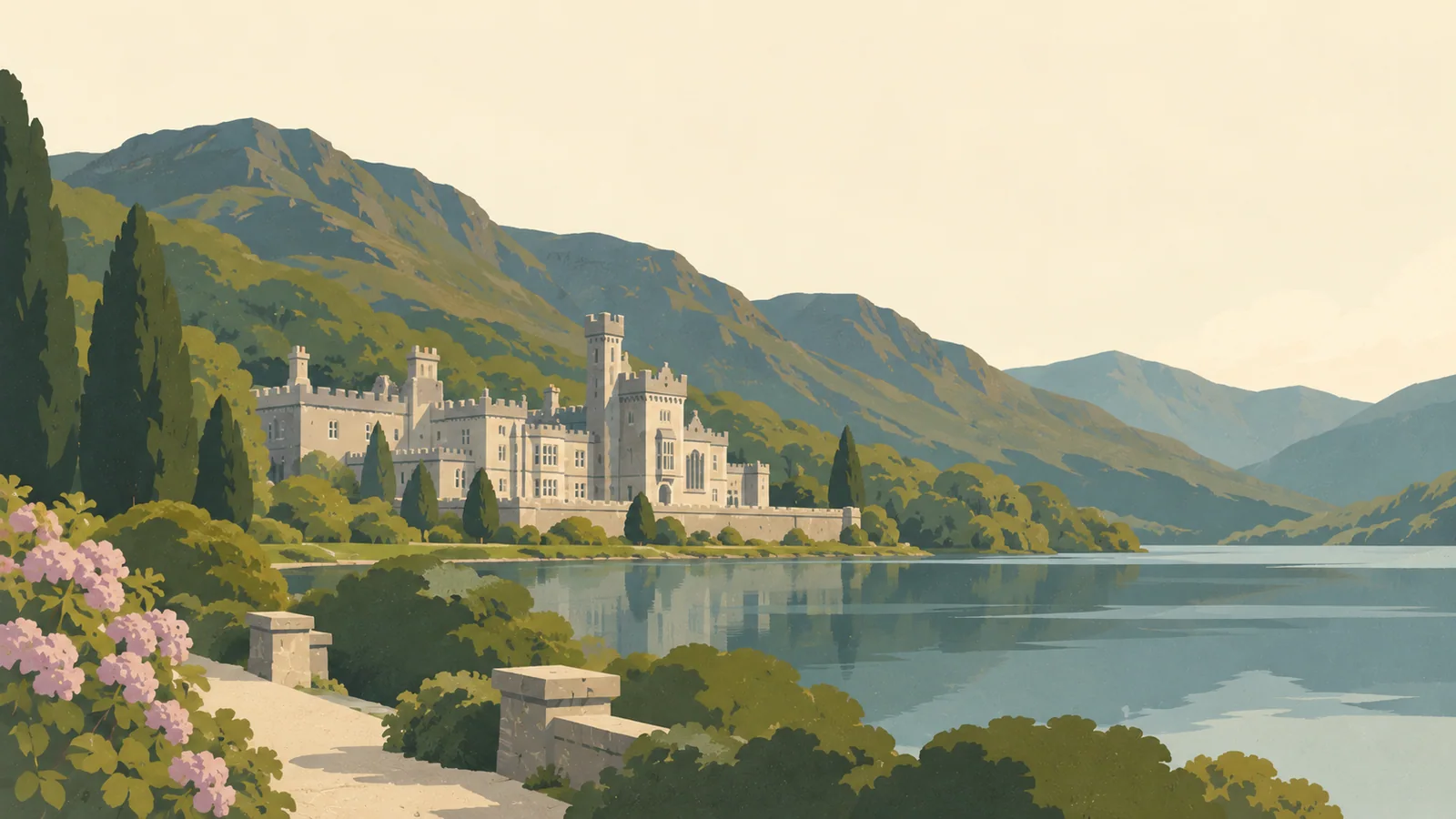 Flat gouache illustration of Connemara: Kylemore Abbey's grey lakeside facade under broad dark Connemara slopes, framed by a quiet foreground garden path.