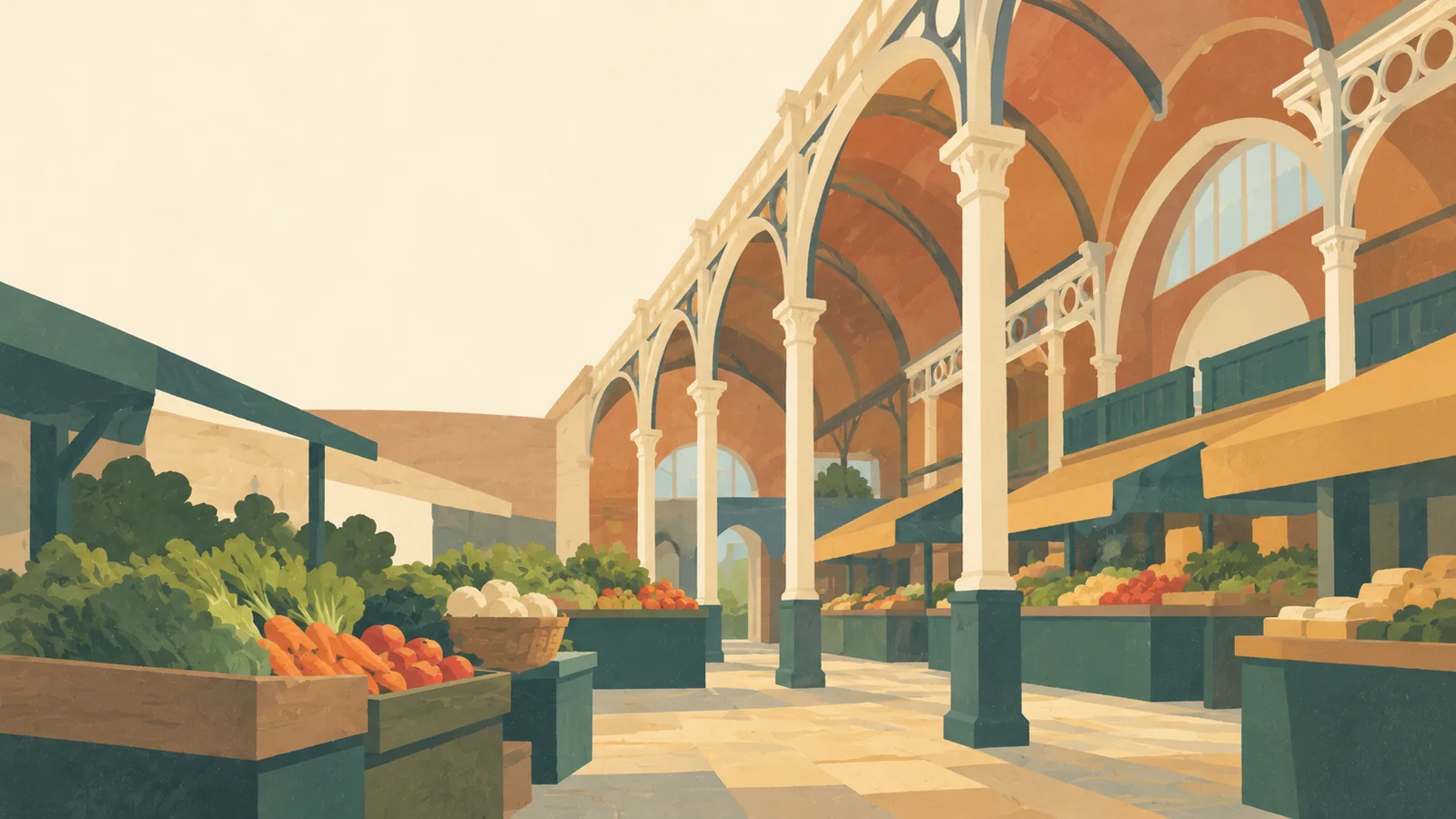 Flat gouache illustration of Cork and West Cork: Cork's English Market covered interior with cream iron columns, warm brick and a few broad produce baskets.