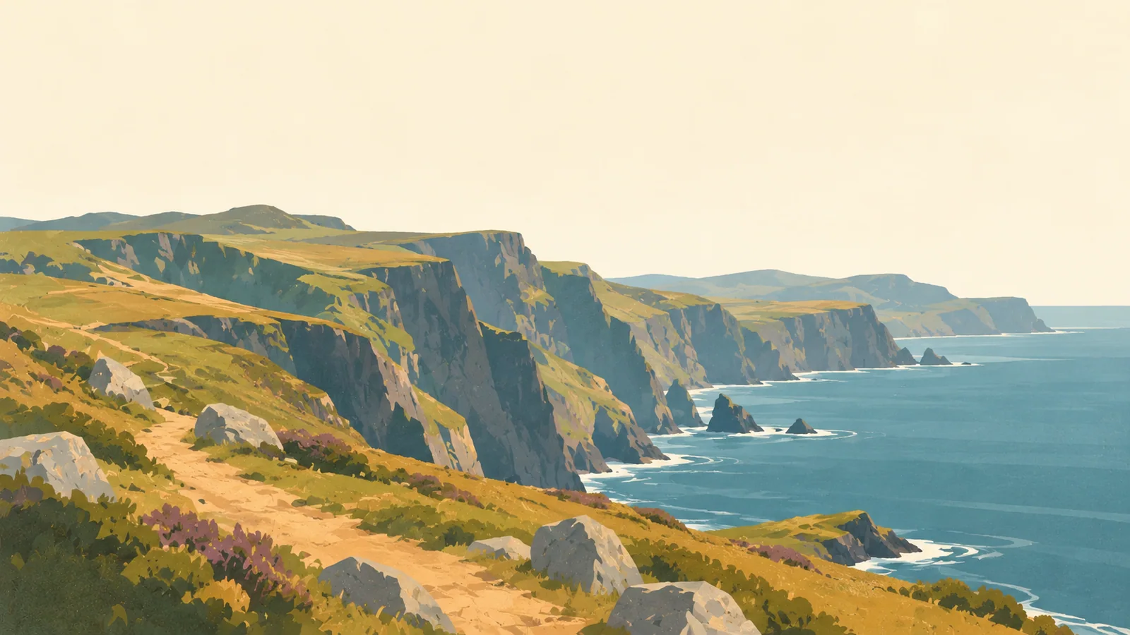 Flat gouache illustration of Donegal: Slieve League's enormous layered sea cliffs viewed diagonally from a broad tawny grassy trail.