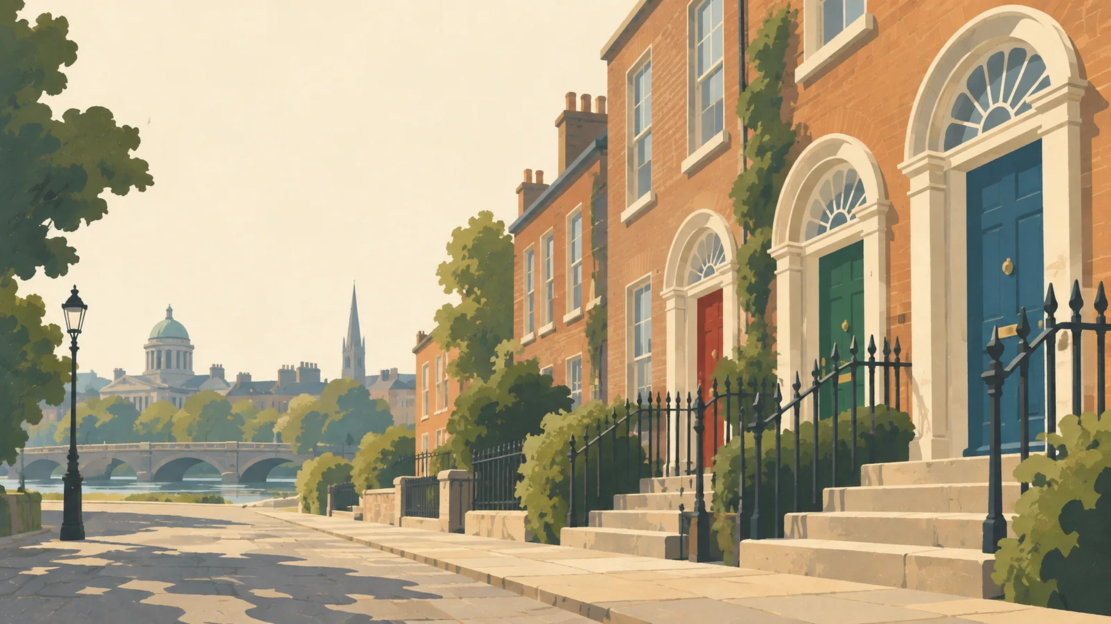 Flat gouache illustration of Dublin: Dublin's colourful Georgian doorways and fanlights along a quiet brick terrace.