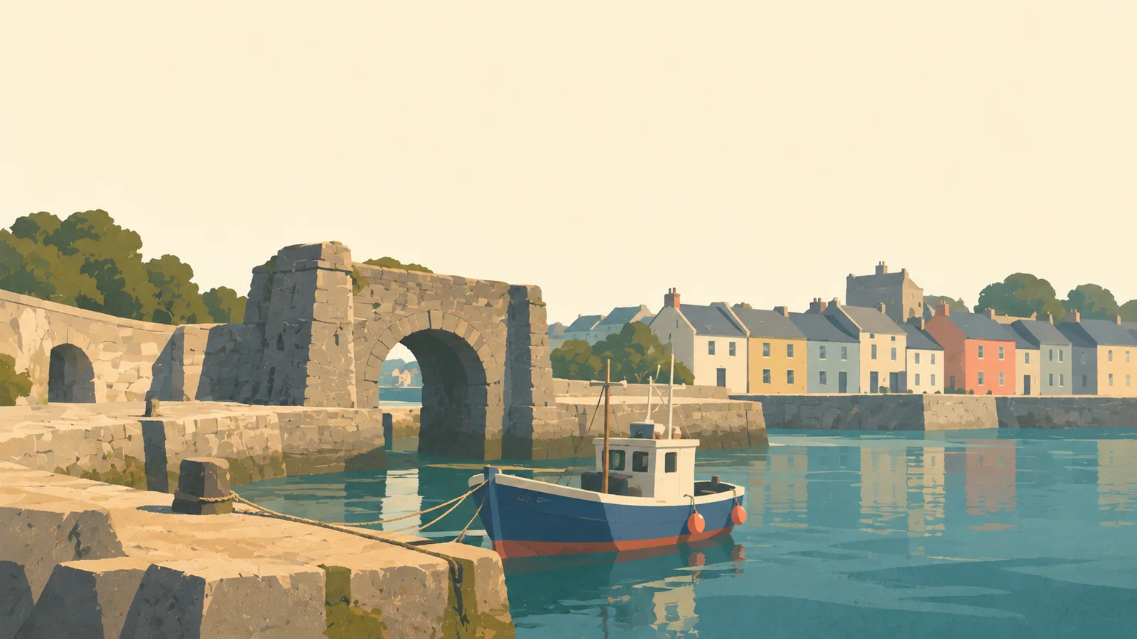 Flat gouache illustration of Galway: Galway's Spanish Arch beside a modest fishing boat at the Claddagh and low pastel houses.