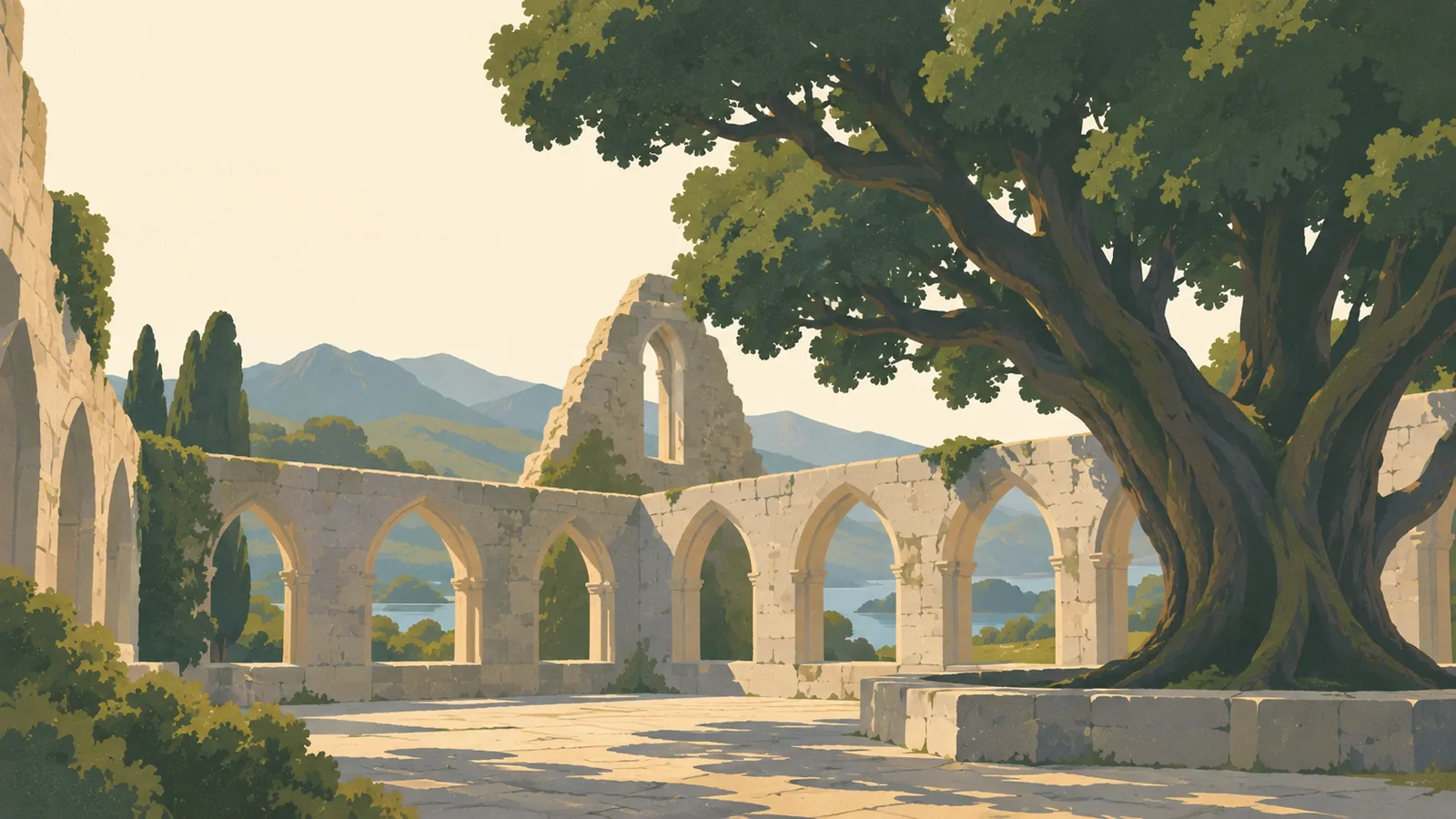 Flat gouache illustration of Killarney and Kerry: Muckross Abbey's ancient yew tree growing at the centre of a pale stone cloister.