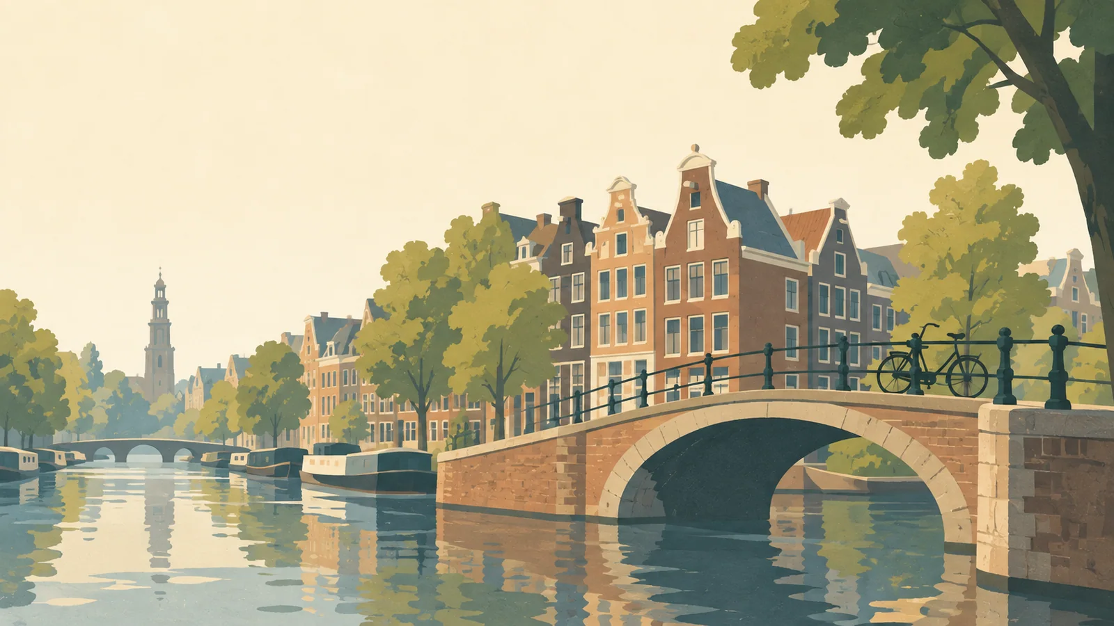 Flat gouache illustration of Amsterdam: Amsterdam's narrow stepped-gable canal houses behind a single arched bridge with one bicycle.