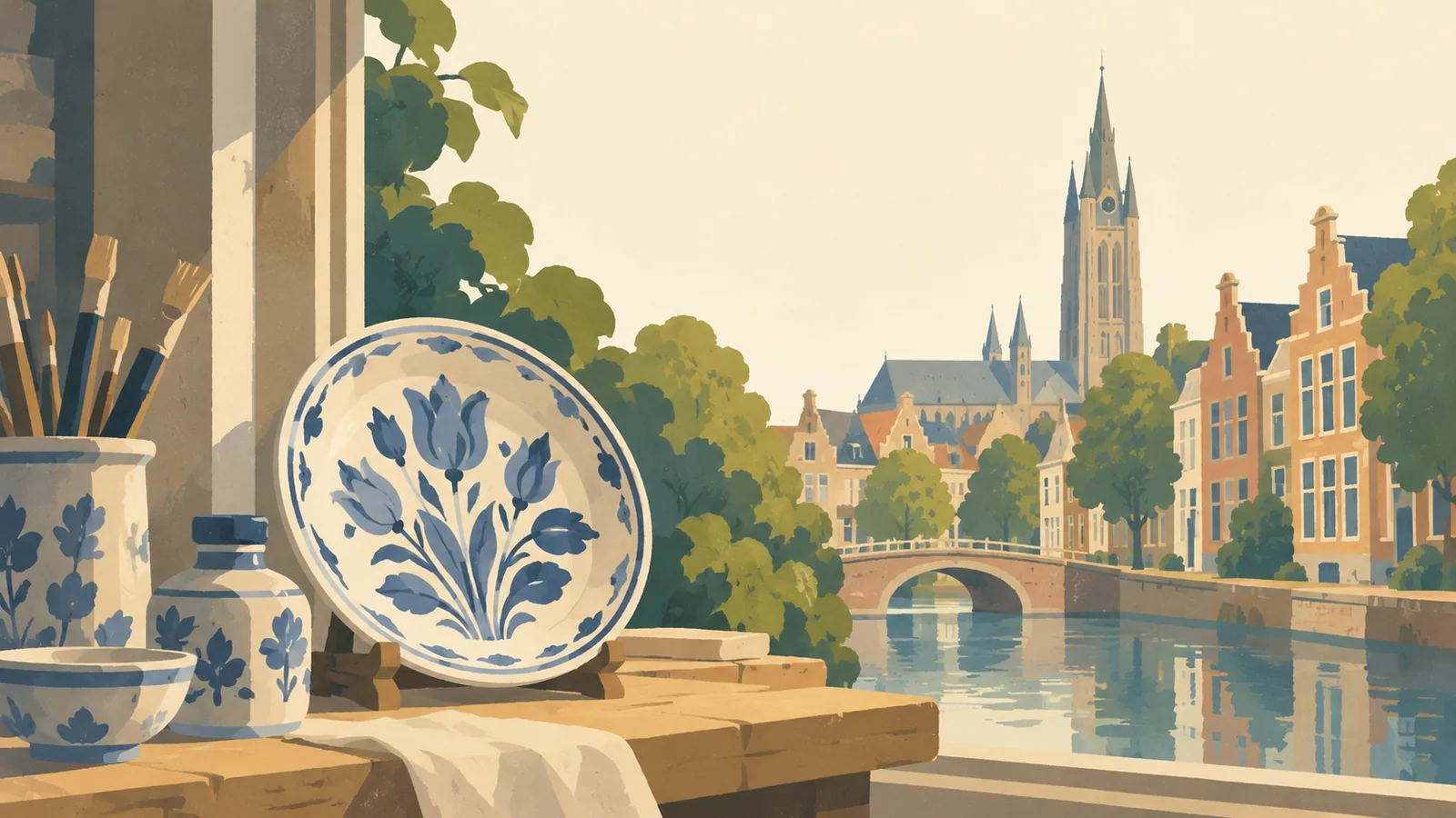 Flat gouache illustration of Delft and The Hague: Delft's blue-and-white ceramic plate on a quiet workshop sill overlooking a brick canal house.