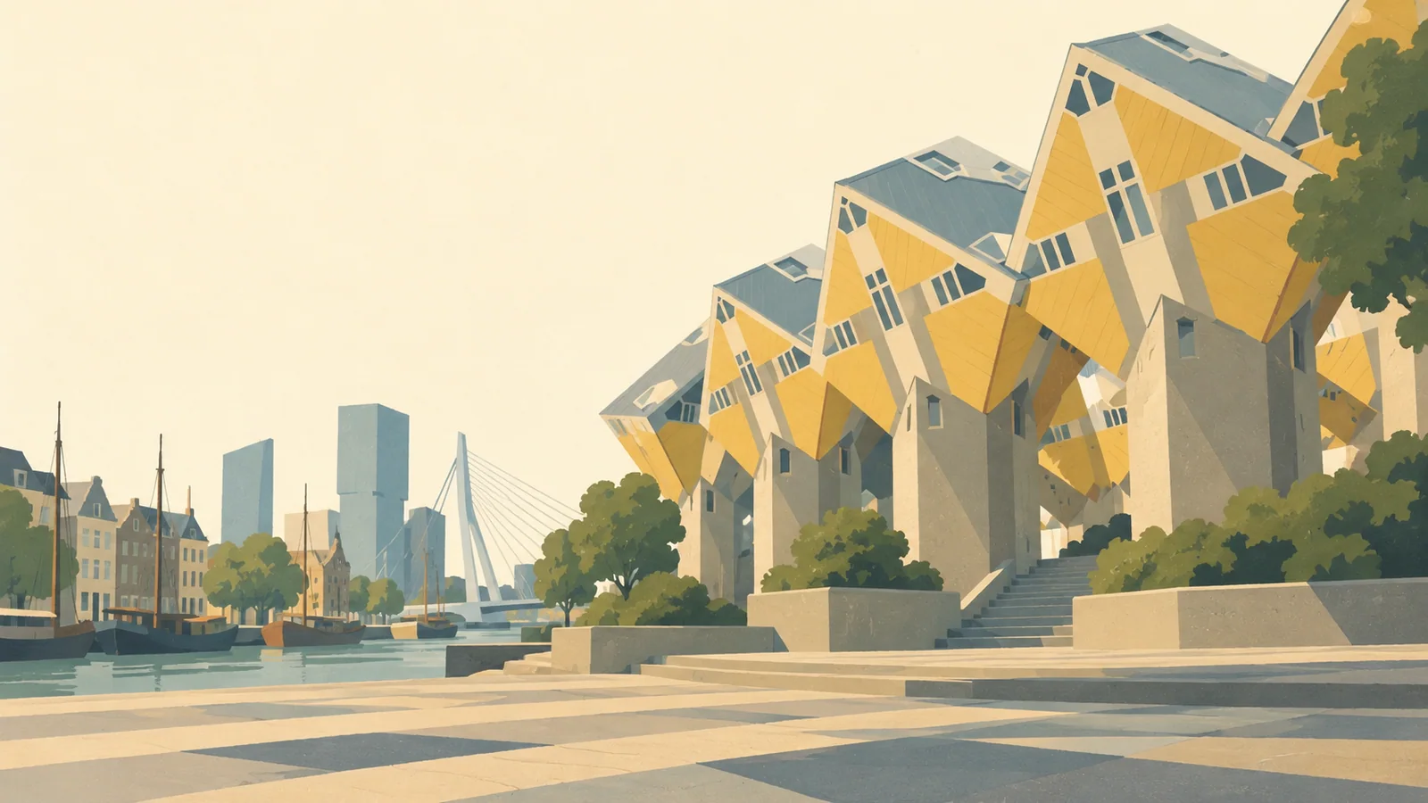 Flat gouache illustration of Rotterdam: Rotterdam's yellow cube houses above broad geometric pedestrian paving.
