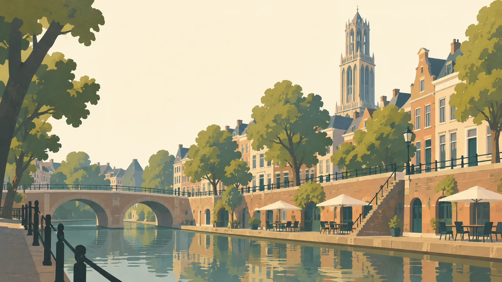 Flat gouache illustration of Utrecht: Utrecht's distinctive sunken Oudegracht wharf with café doors below street level and the Dom Tower beyond.