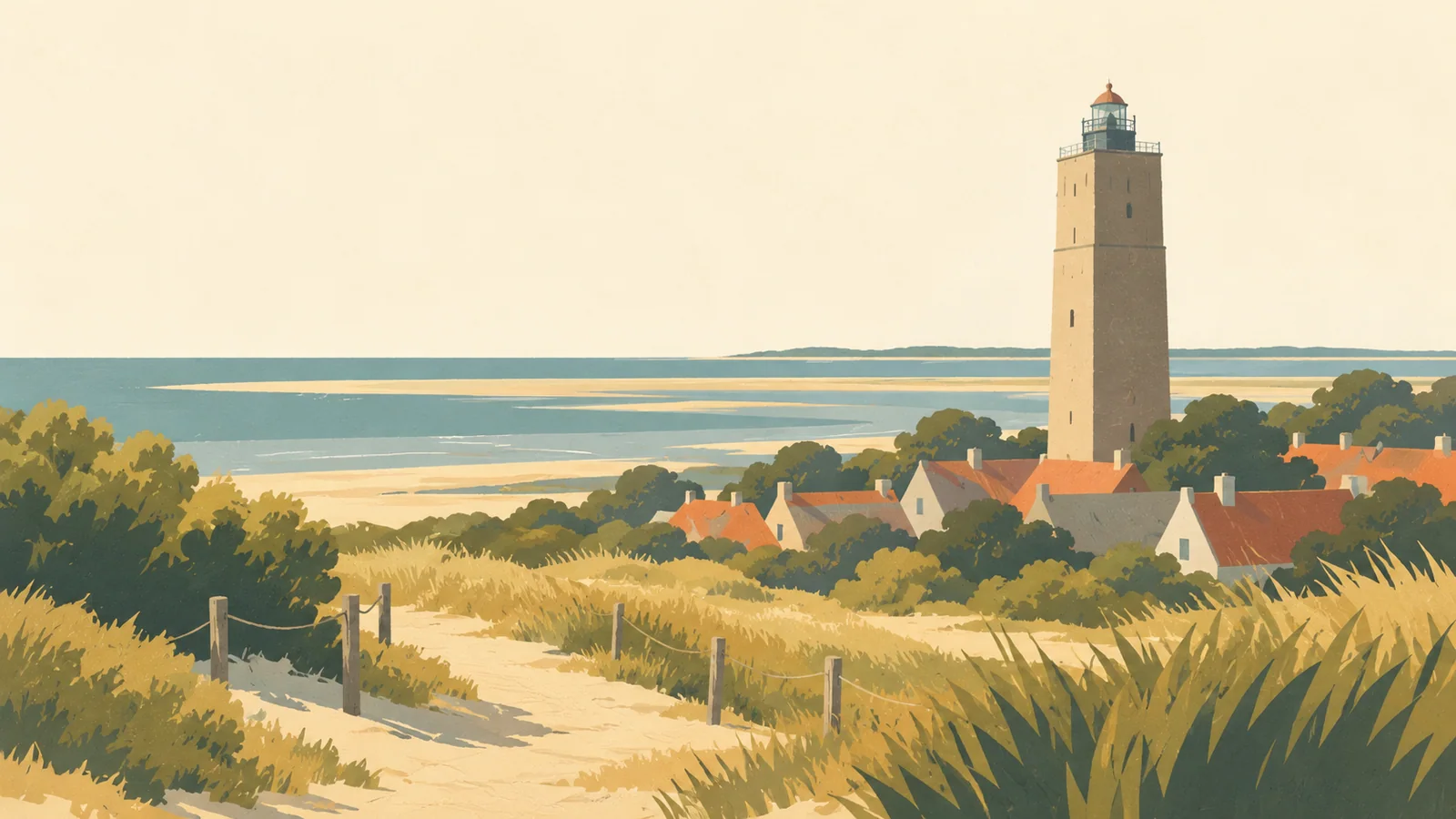 Flat gouache illustration of Wadden Islands: Terschelling's square Brandaris brick lighthouse rising above low village roofs and broad dune grasses.