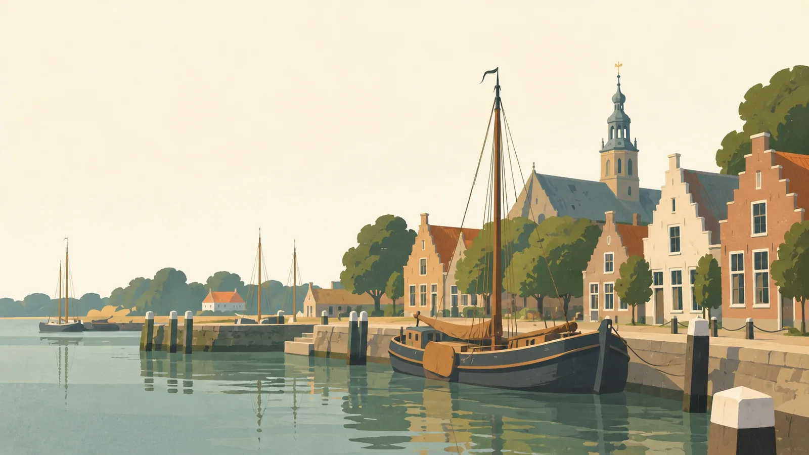 Flat gouache illustration of Zeeland: Veere's stepped-gable harbour houses and a traditional Dutch sailing barge beside a quiet stone quay.