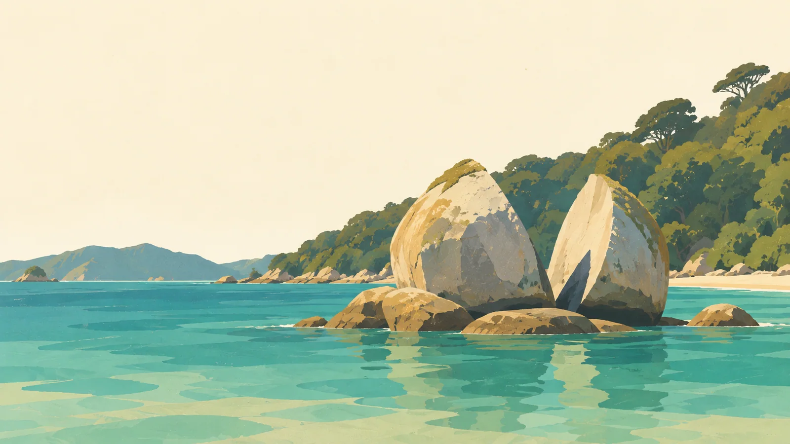 Flat gouache illustration of Abel Tasman and the west coast: Abel Tasman's Split Apple Rock as two recognisable rounded granite halves in quiet turquoise shallows.