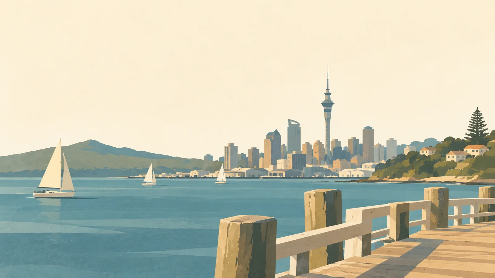 Flat gouache illustration of Auckland: Auckland's distinctive Sky Tower beyond a few simple harbour sails viewed from a quiet Devonport wooden pier.