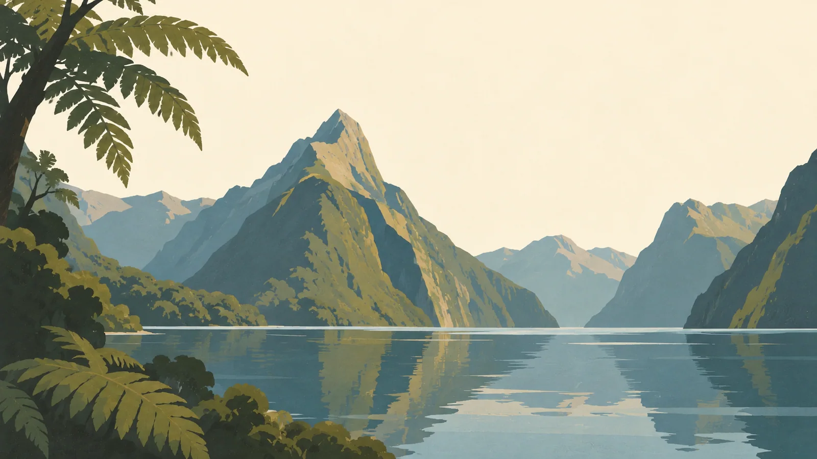 Flat gouache illustration of Fiordland: Milford Sound's steep Mitre Peak reflected in calm dark water beside a close broad tree-fern silhouette.