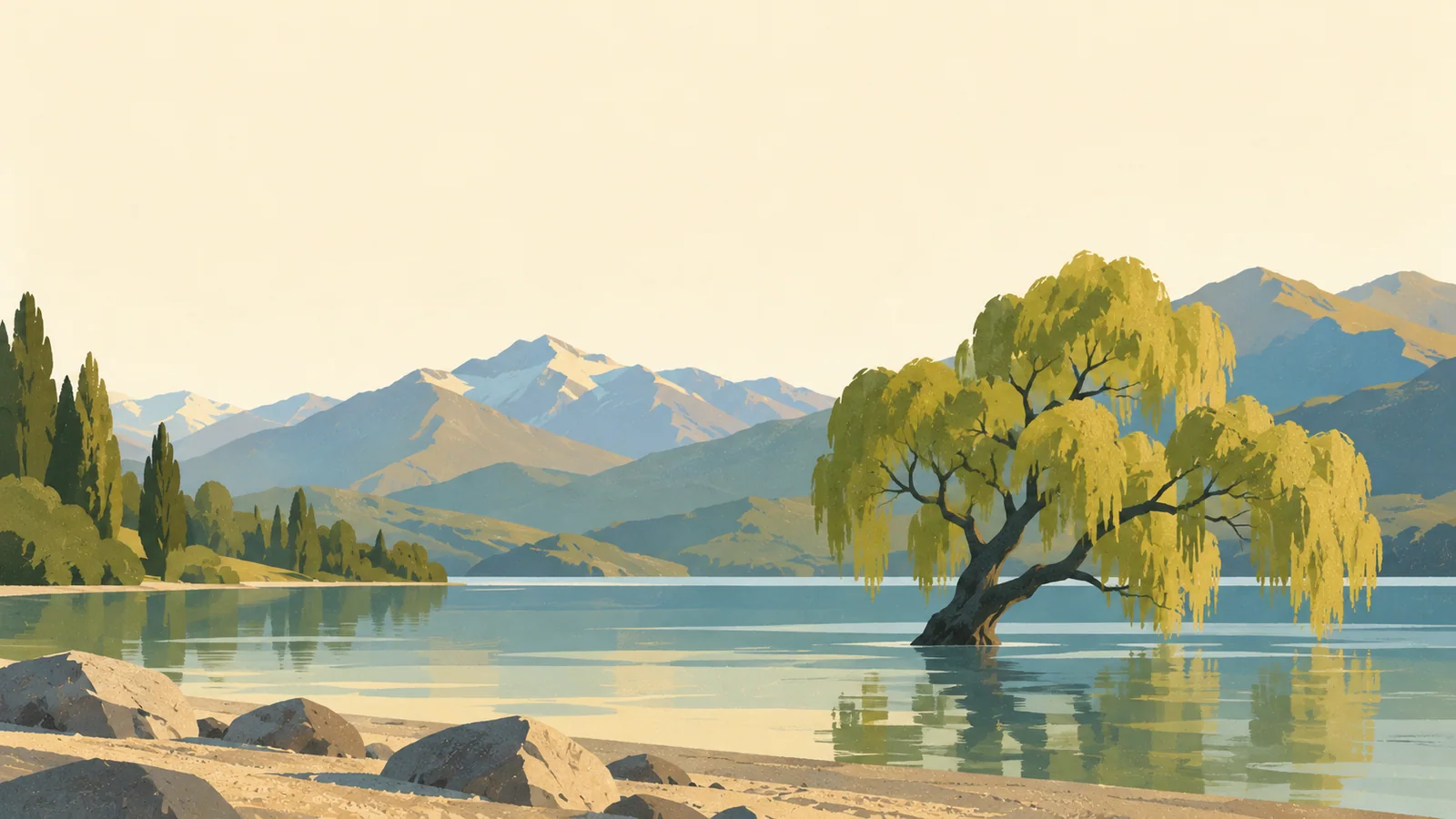Flat gouache illustration of Queenstown and Wānaka: Wānaka's lone willow standing in shallow lake water before a broad muted alpine horizon.