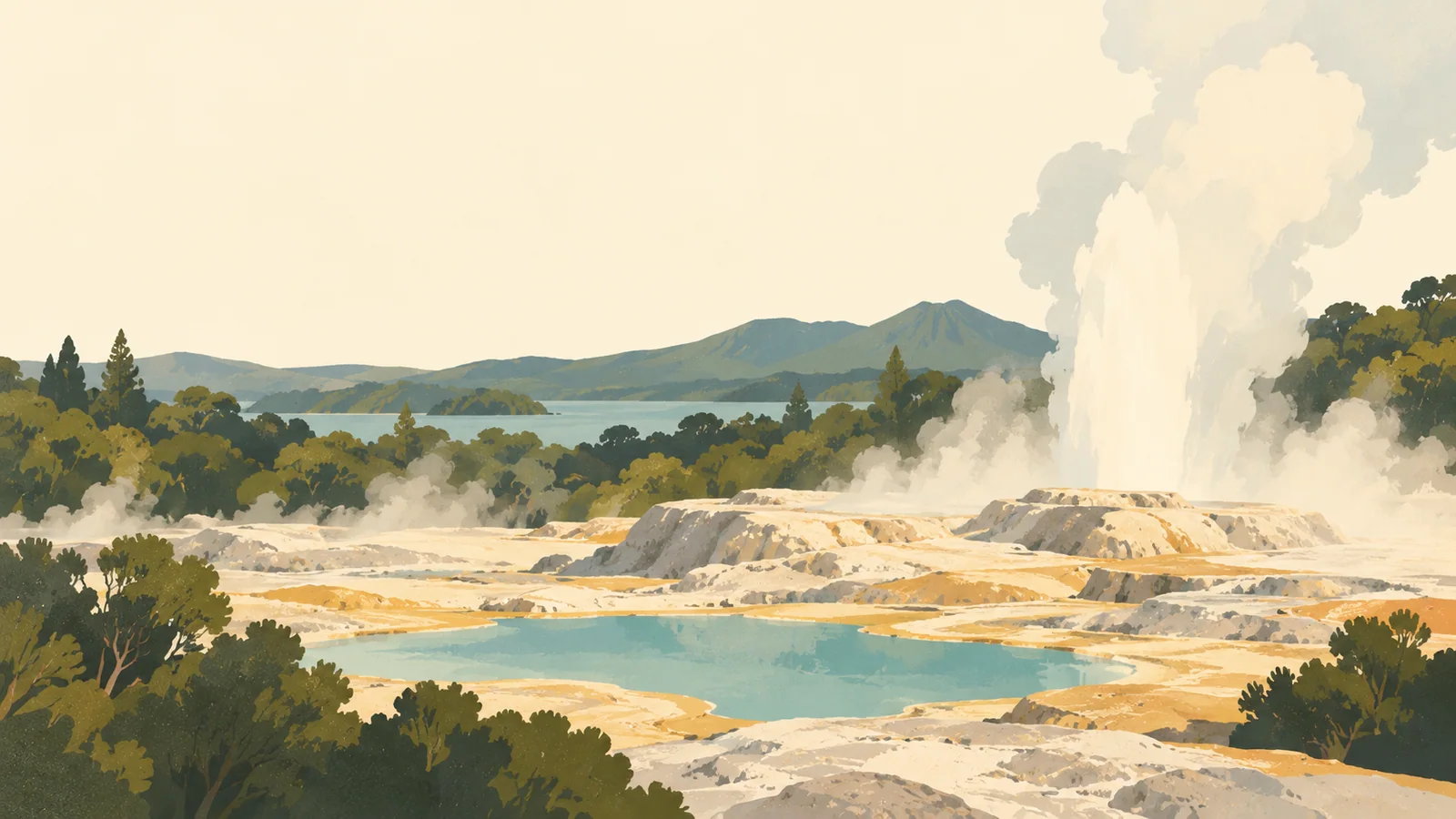 Flat gouache illustration of Rotorua: Rotorua’s Whakarewarewa geothermal field with a broad pale geyser plume, low silica formations and dark mānuka masses.