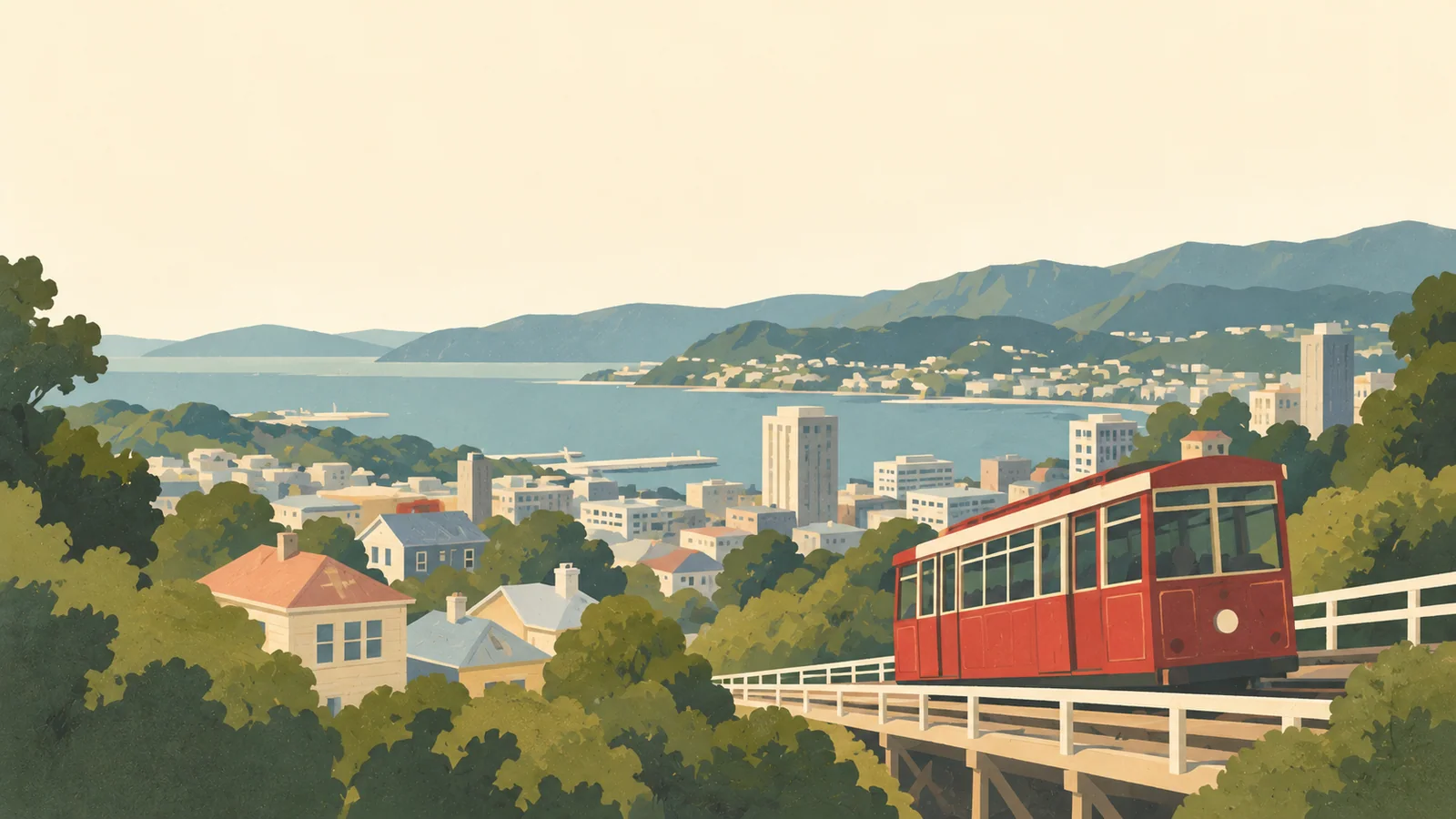Flat gouache illustration of Wellington: Wellington's red cable car on a diagonal hillside track above timber houses and a restrained distant harbour.