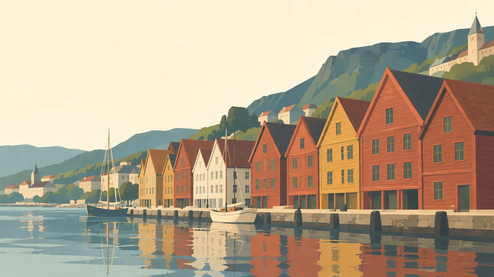 Flat gouache illustration of Bergen: Bergen's Bryggen crooked wooden wharf warehouses in muted red and ochre reflected in a narrow harbour strip.