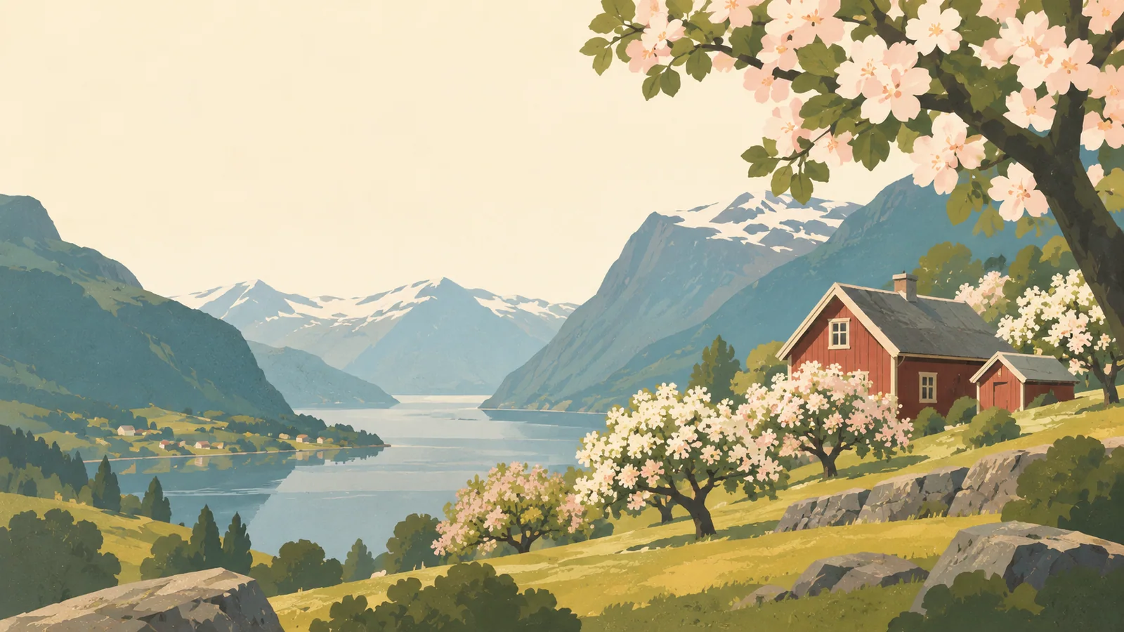 Flat gouache illustration of Hardangerfjord: A traditional red Hardanger orchard farmhouse beneath broad flowering apple boughs.