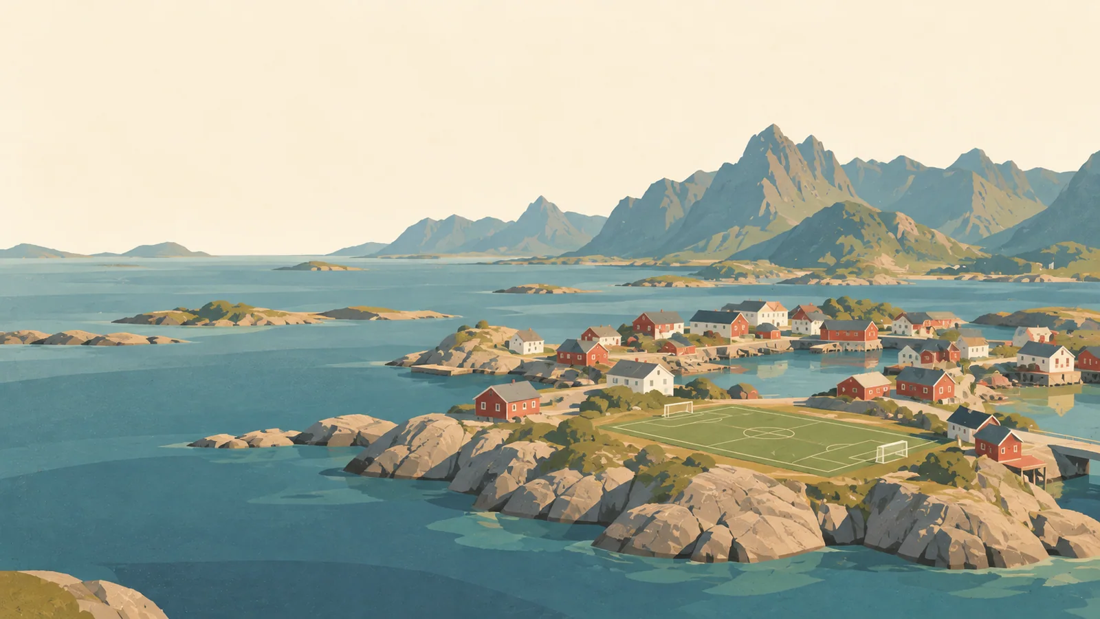 Flat gouache illustration of Lofoten: Henningsvær's small football pitch on its rocky island amid low red fishing huts.