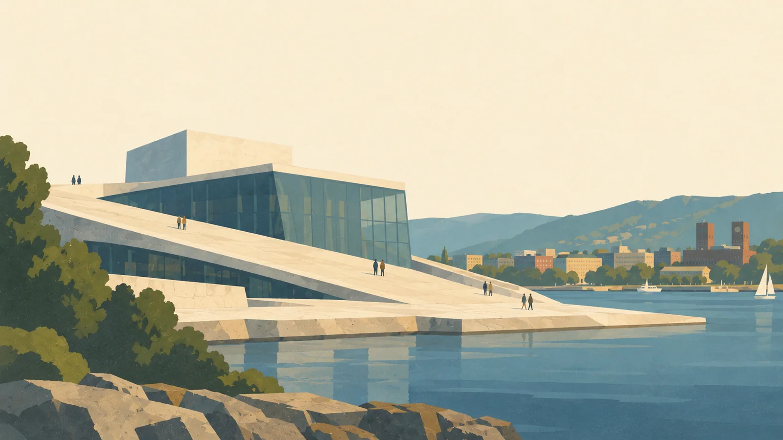 Flat gouache illustration of Oslo: Oslo Opera House's white marble roof planes sloping toward the fjord with a few tiny walkers.