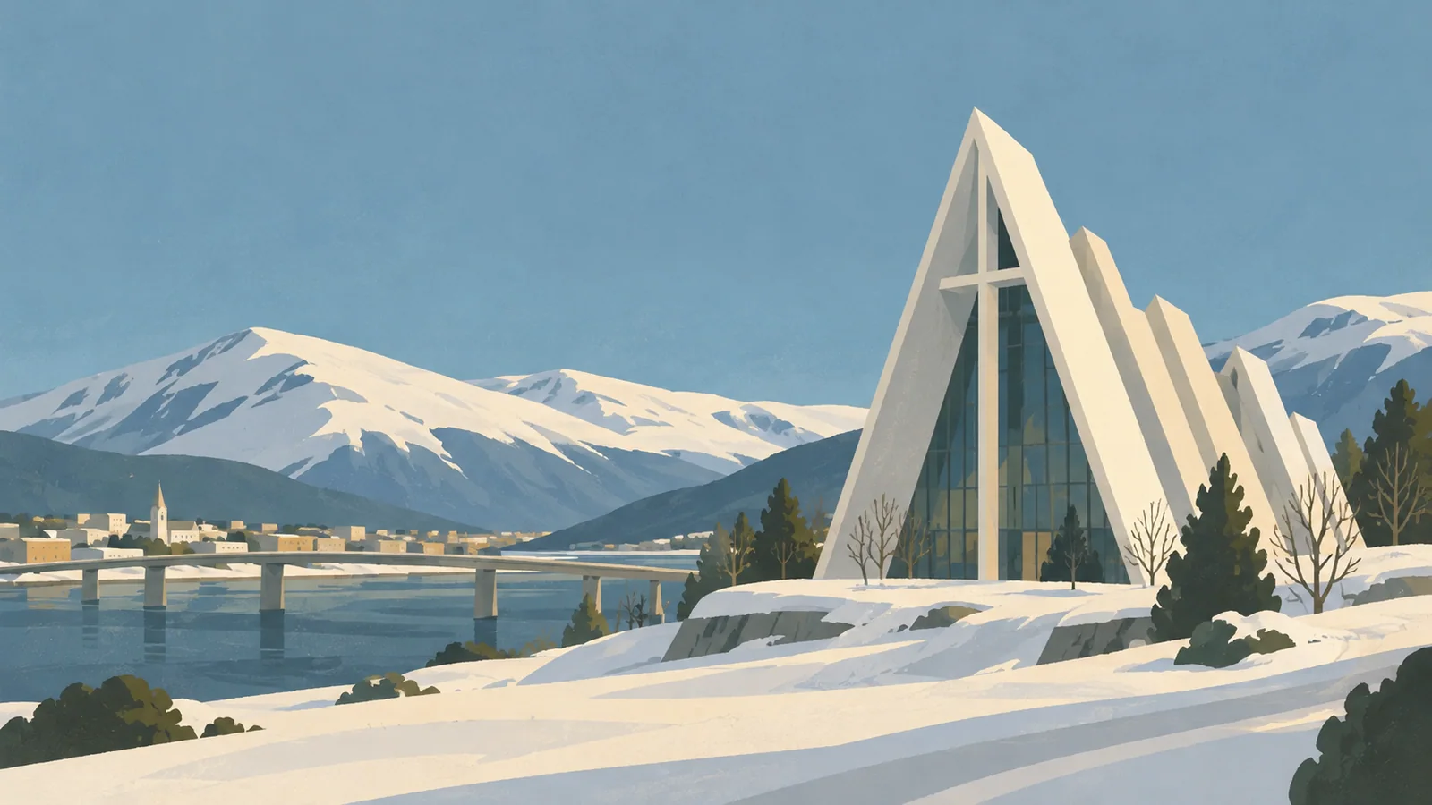 Flat gouache illustration of Tromsø: Tromsø's Arctic Cathedral sharply folded white triangular facade in a quiet snowy clearing.