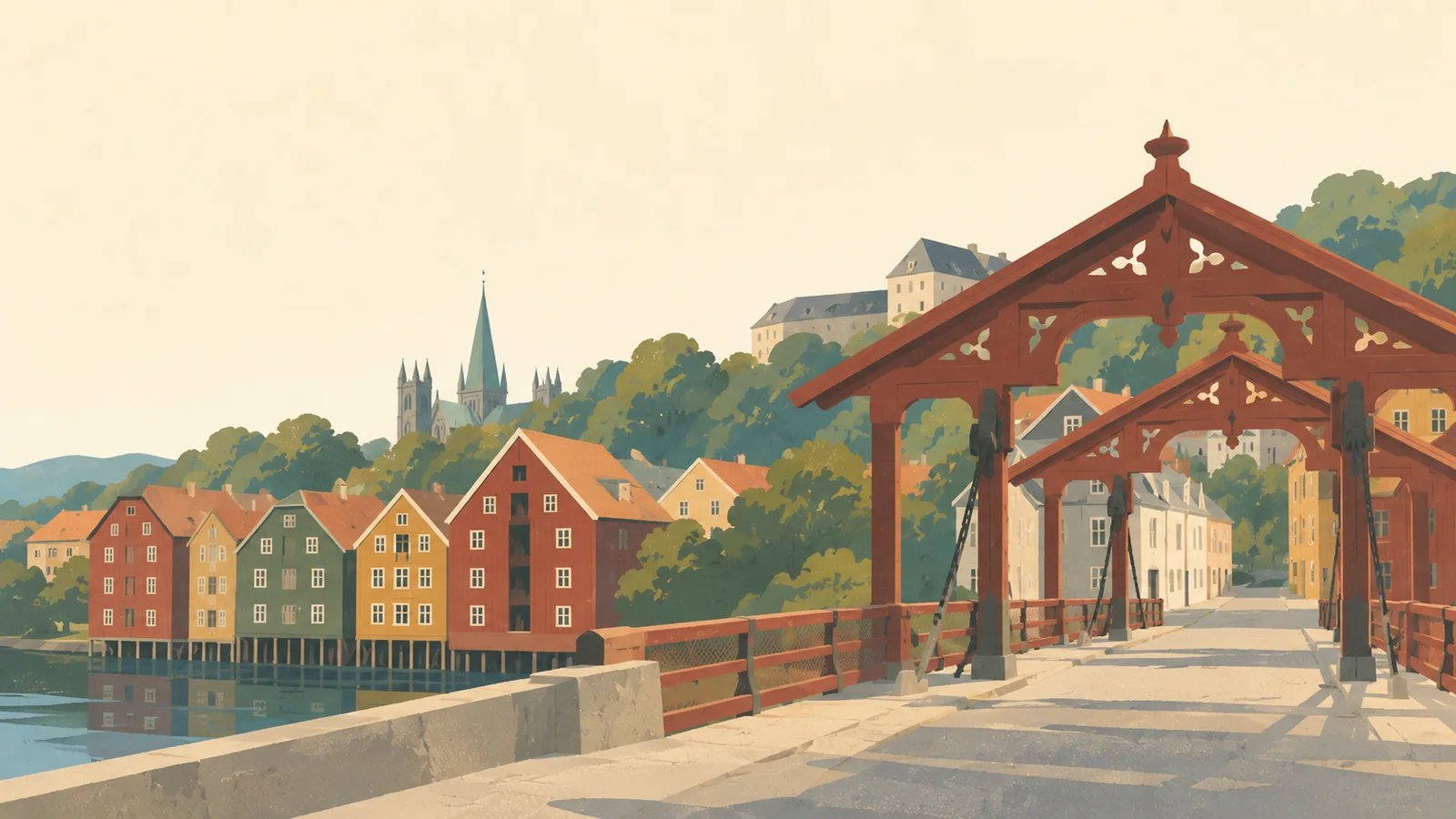 Flat gouache illustration of Trondheim: Trondheim's Bakklandet coloured timber houses beside the red Old Town Bridge gate.