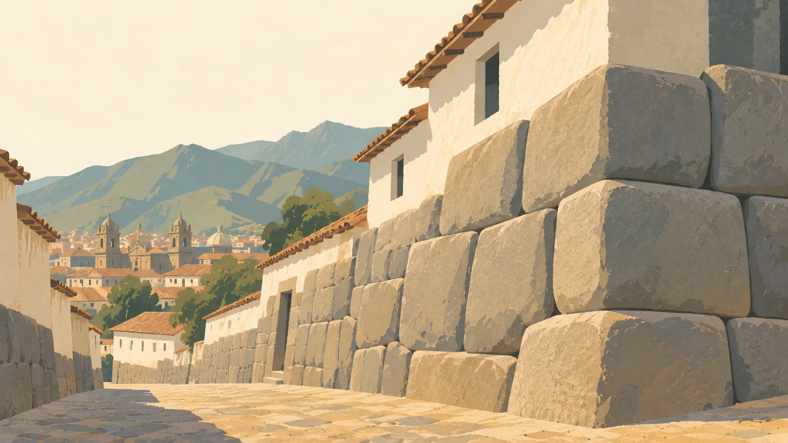 Flat gouache illustration of Cusco & Sacred Valley: Cusco's great dry-stone Inca wall corner with irregular fitted blocks, a narrow lane and white colonial upper walls.