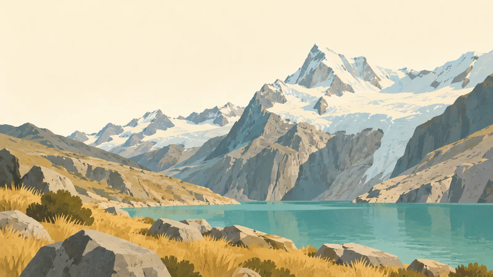 Flat gouache illustration of Huaraz & Cordillera Blanca: Laguna 69's small turquoise glacial lake directly below the sheer pale rock and snow face of Chacraraju, foreground yellow puna grass.