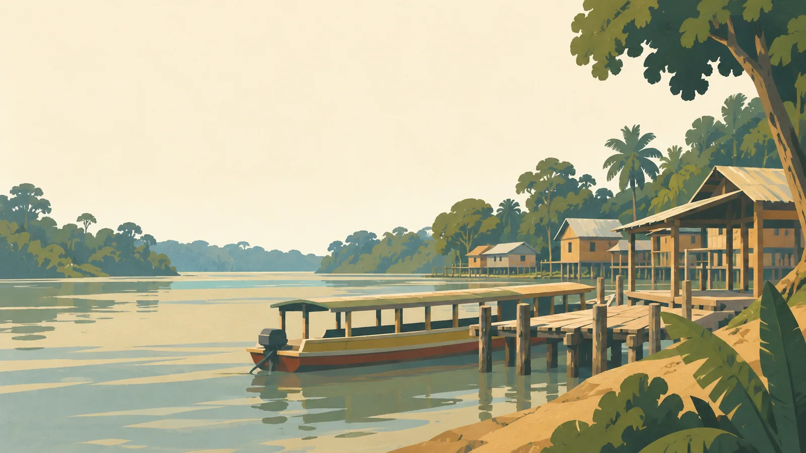 Flat gouache illustration of Iquitos & the Amazon: An Iquitos riverfront wooden boat landing with one long covered riverboat and stilt houses above a broad Amazon channel.