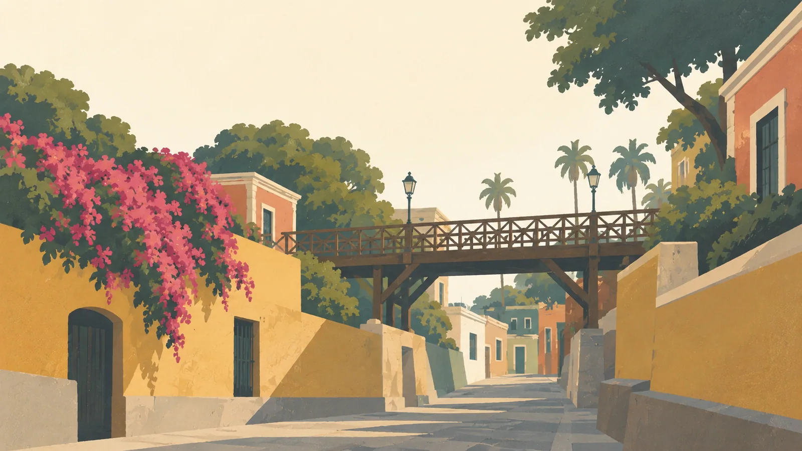 Flat gouache illustration of Lima: Lima's Barranco Puente de los Suspiros timber bridge crossing a shaded lane between ochre colonial walls, a small bougainvillea mass.