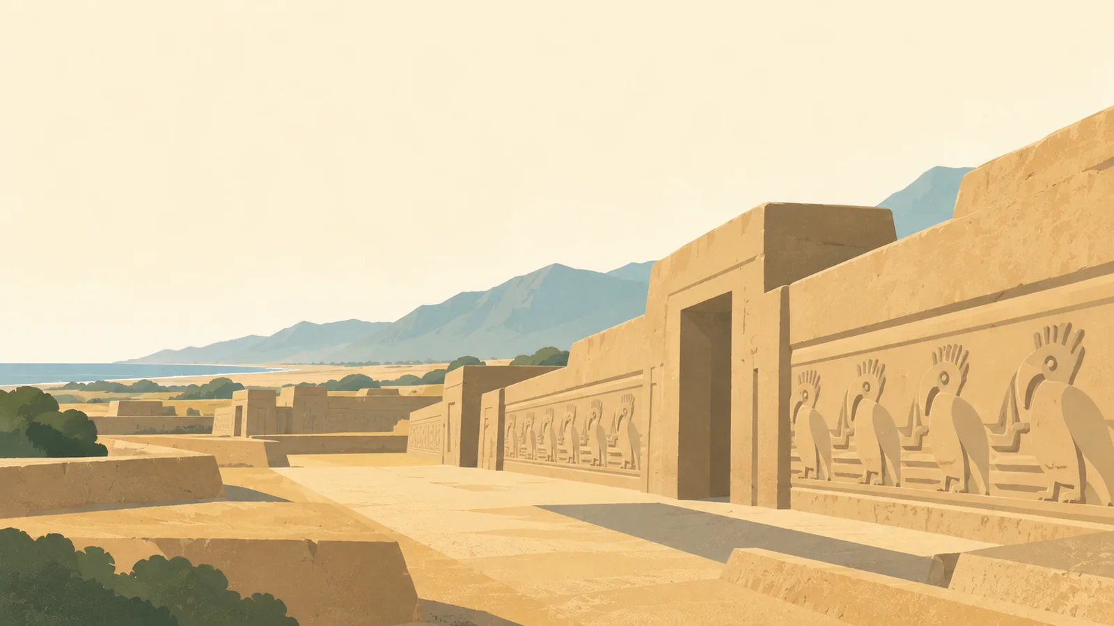 Flat gouache illustration of Trujillo & northern archaeology: Chan Chan's broad adobe ceremonial walls with simplified relief bands and a long sandy passage, low oblique archaeological view under cream coastal haze.