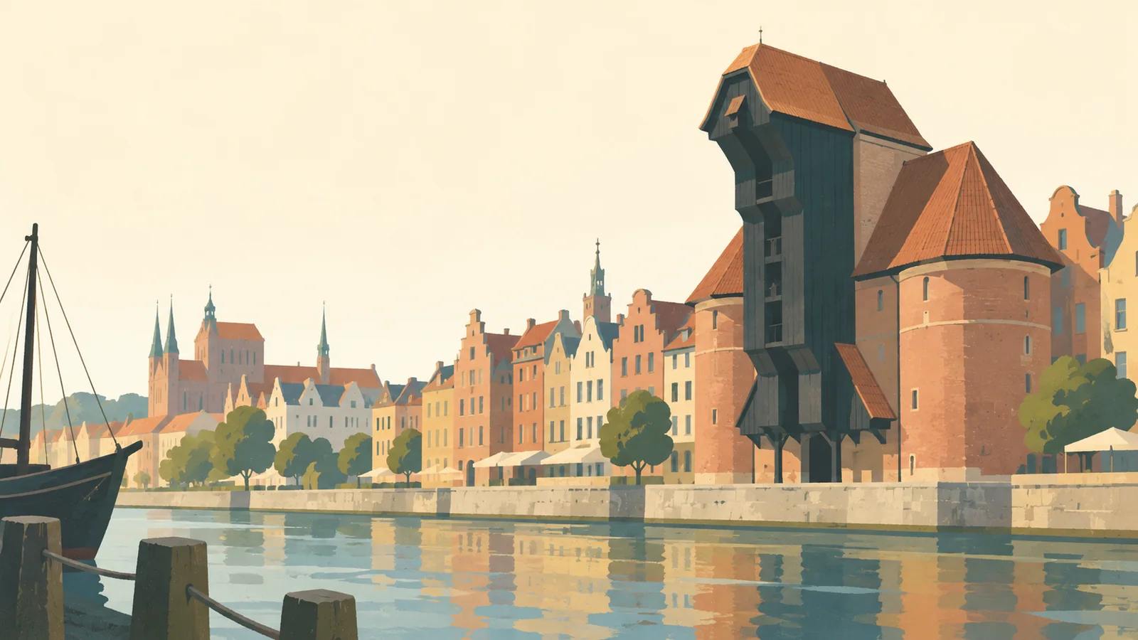 Flat gouache illustration of Gdańsk: Gdańsk's medieval timber harbour Crane over the Motława quay.