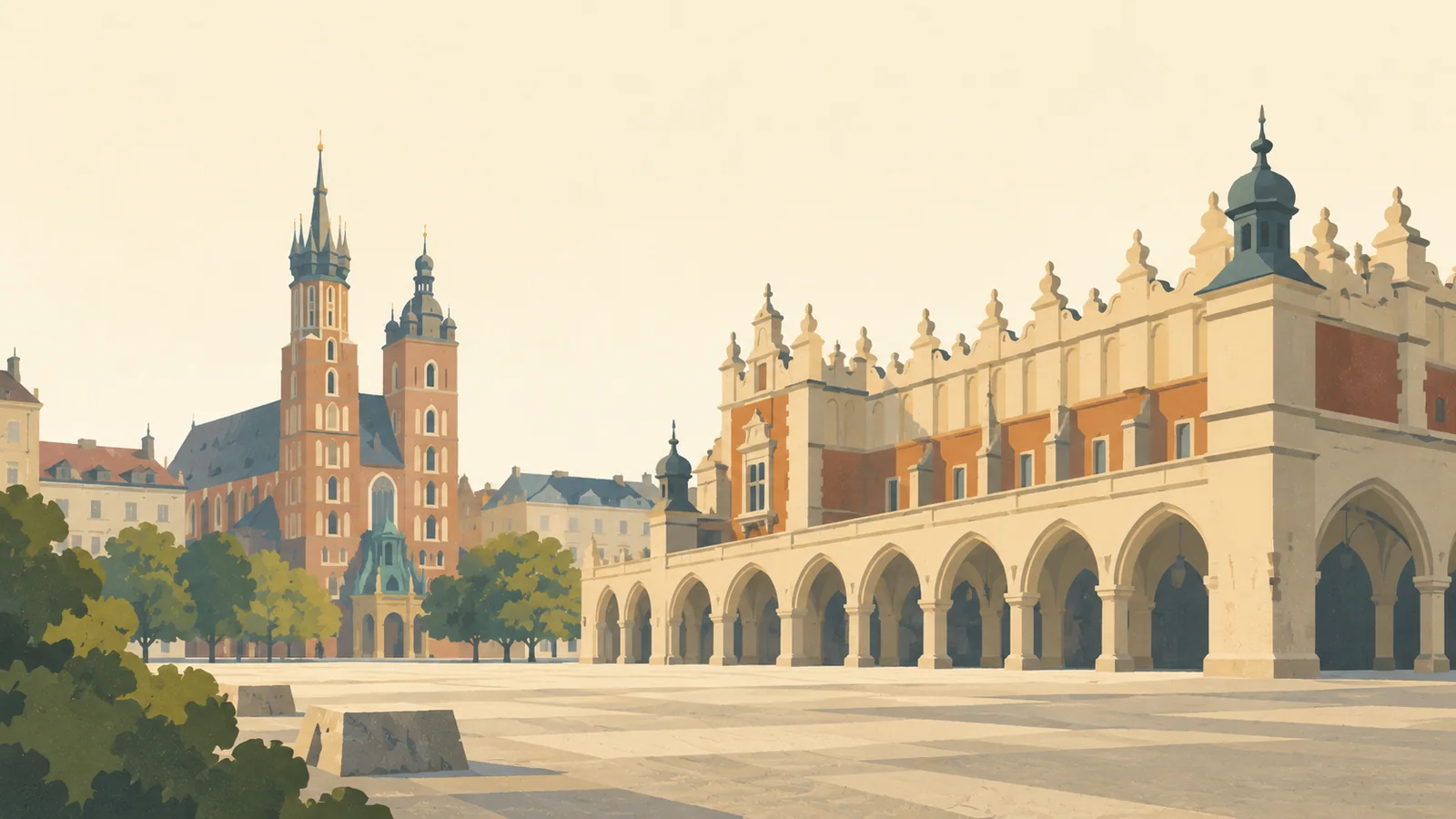 Flat gouache illustration of Kraków: Kraków's Cloth Hall Renaissance arcade along the broad main square, Saint Mary's unequal towers beyond.