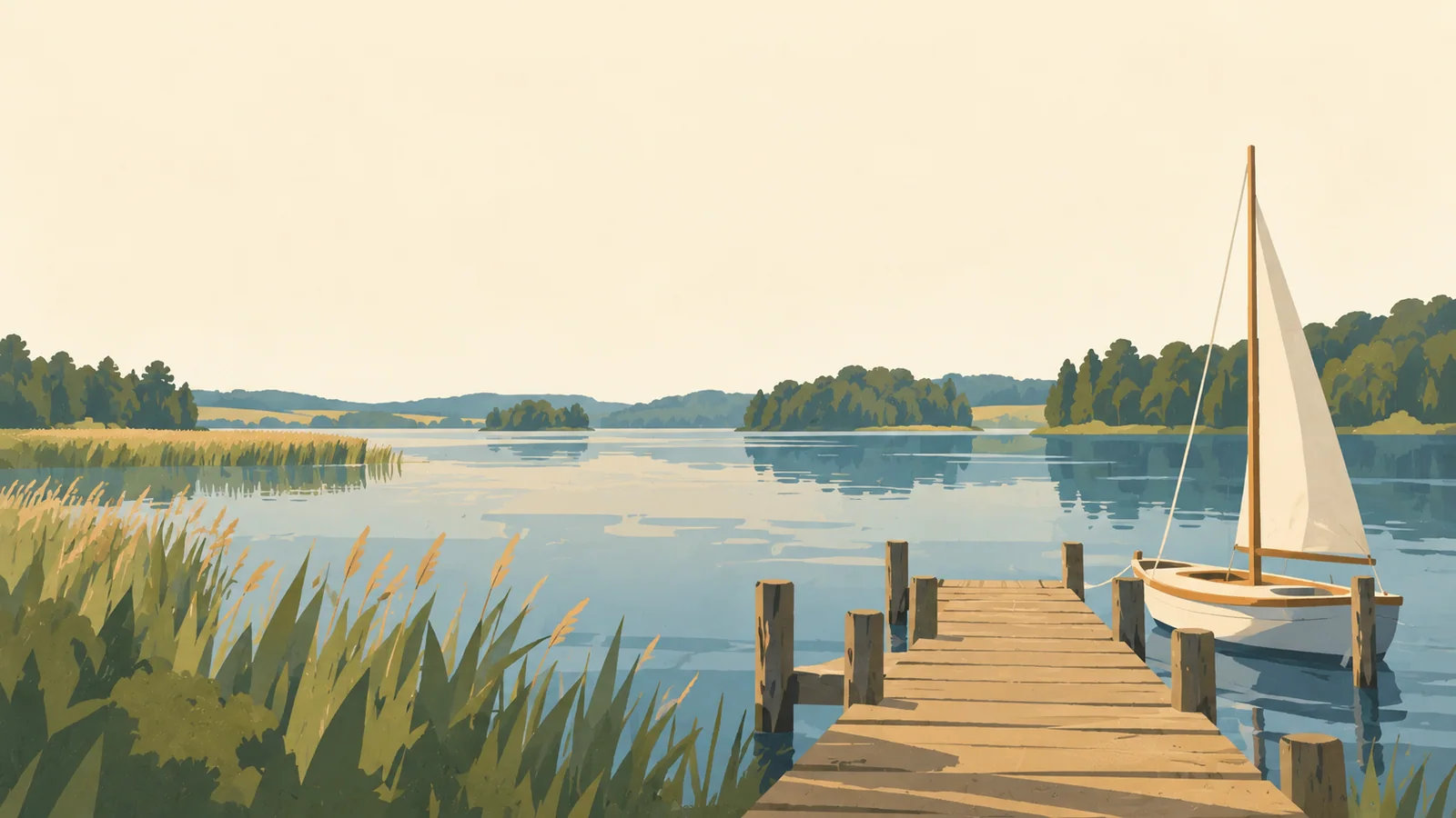 Flat gouache illustration of Masurian Lakes: A narrow wooden landing stage and one small sailing boat on a quiet Masurian lake.