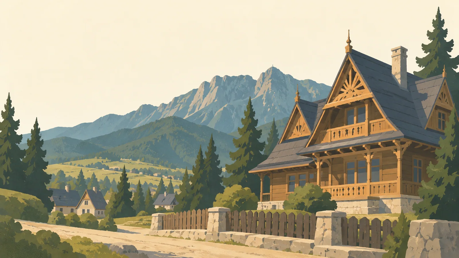 Flat gouache illustration of Tatra Mountains: A Zakopane-style timber villa with a steep carved roof and simple fence below a restrained Giewont ridge.