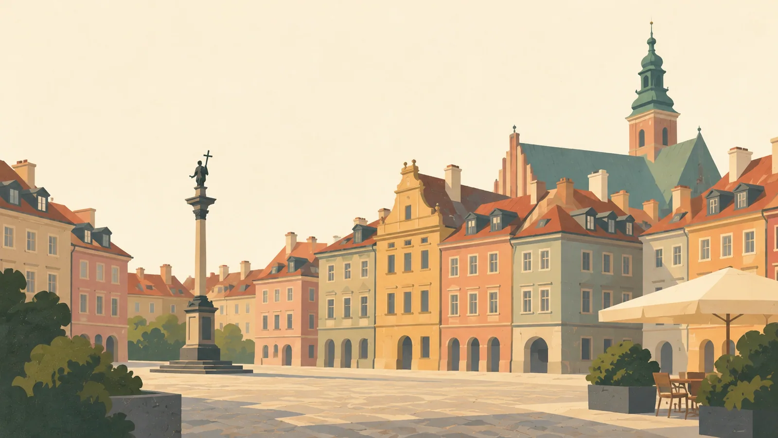 Flat gouache illustration of Warsaw: Warsaw's carefully restored pastel Old Town Market Square facades with one simple café parasol.