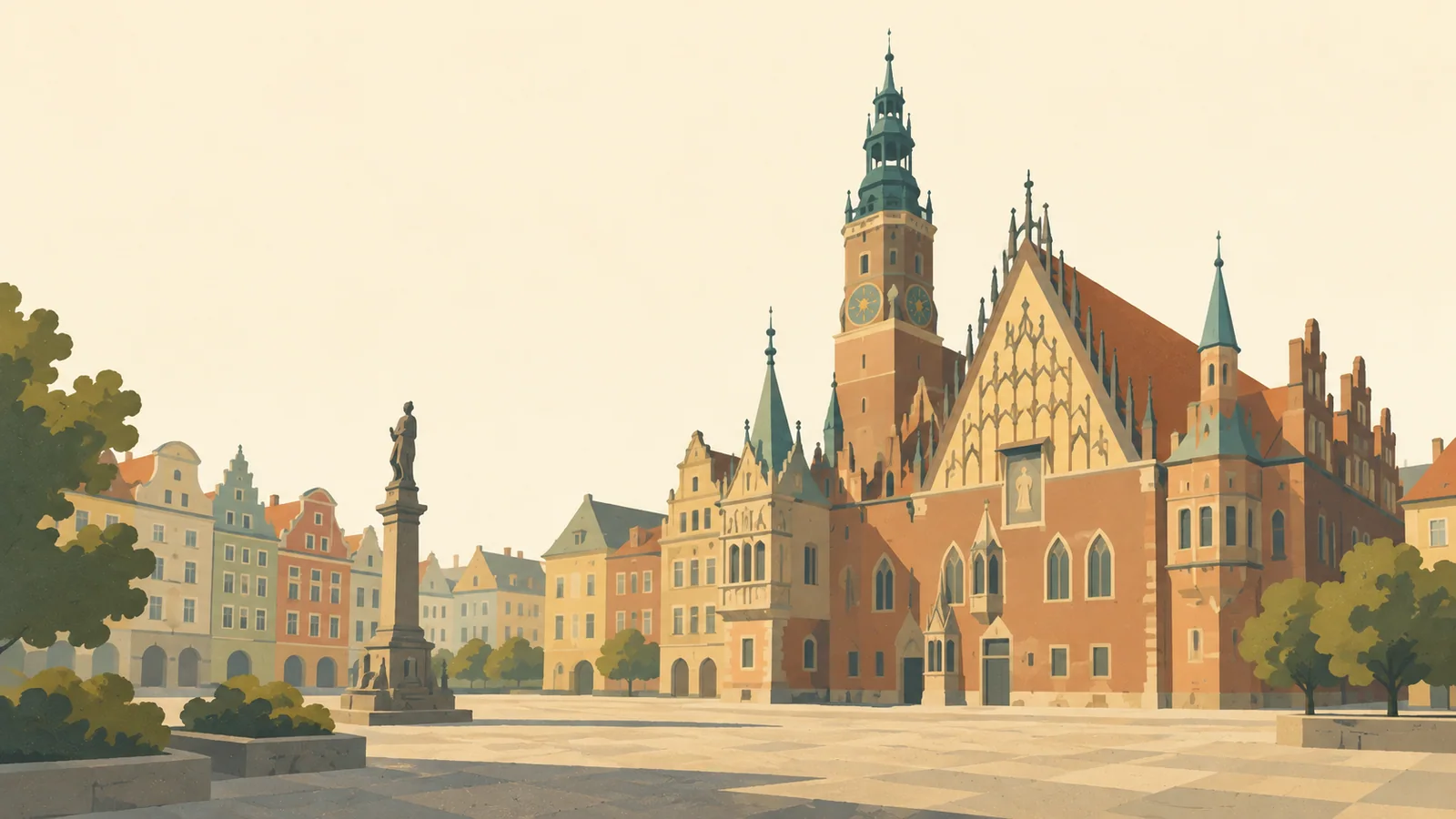 Flat gouache illustration of Wrocław: Wrocław's Gothic town hall with its steep ochre-red roof and sculptural clock facade on the market square.
