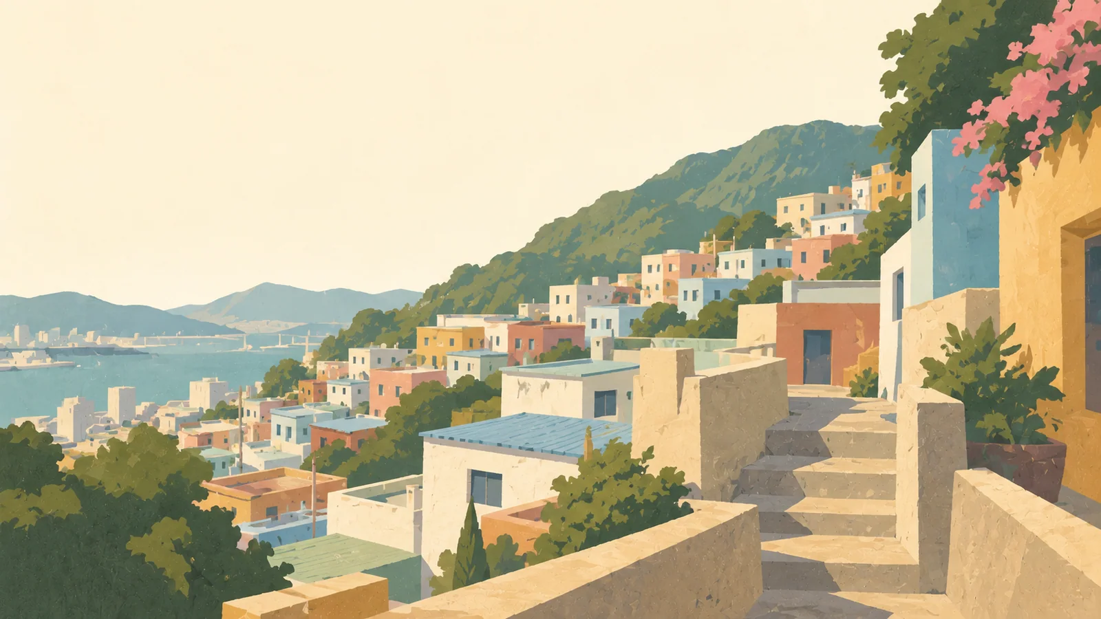 Flat gouache illustration of Busan: Busan's Gamcheon hillside village stepped pastel houses viewed along a close narrow stairway.