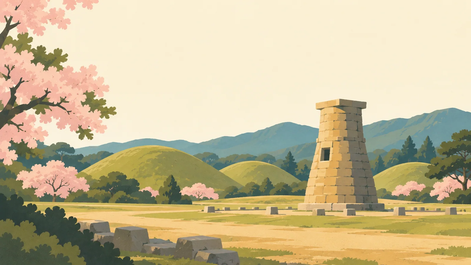Flat gouache illustration of Gyeongju: Gyeongju's Cheomseongdae stone observatory standing among broad rounded Silla burial mounds and a quiet meadow.
