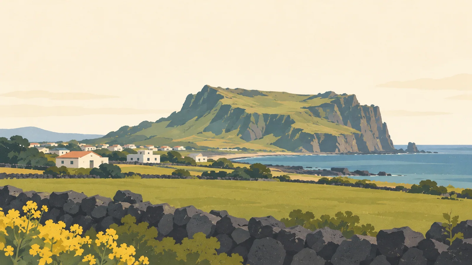 Flat gouache illustration of Jeju: Jeju's Seongsan Ilchulbong tuff cone rising beyond a low dark basalt wall and broad green field.