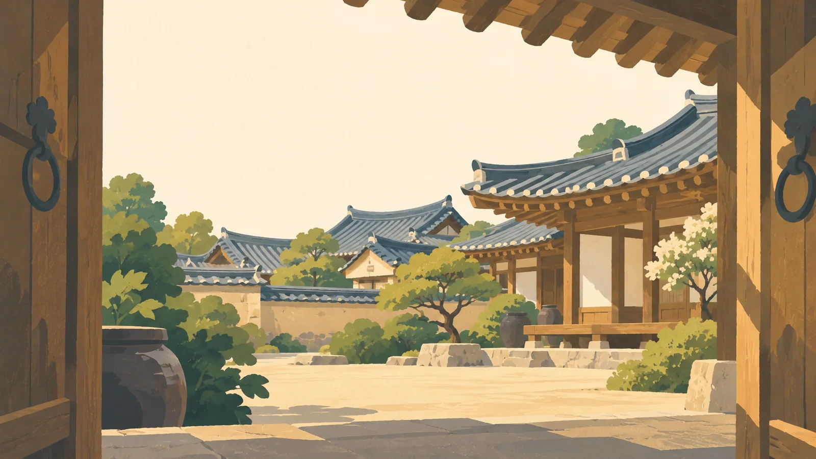 Flat gouache illustration of Jeonju: Jeonju's hanok roof ridges and warm timber courtyard framed by a broad open wooden doorway.