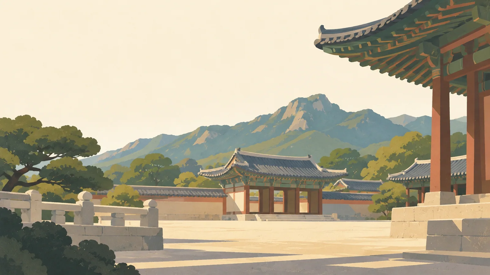 Flat gouache illustration of Seoul: Seoul's Gyeongbokgung broad timber palace eaves framing a quiet stone courtyard and simple tiled roofs.