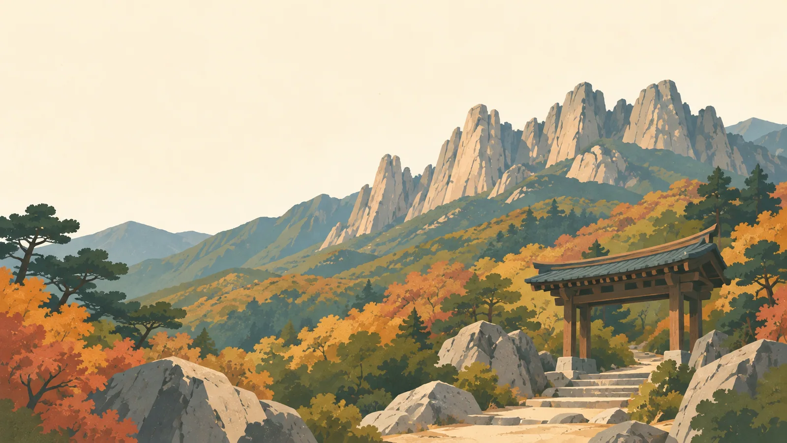Flat gouache illustration of Sokcho and Seoraksan: Seoraksan's jagged Ulsanbawi granite ridge above a broad autumn forest and a simple trail gateway.