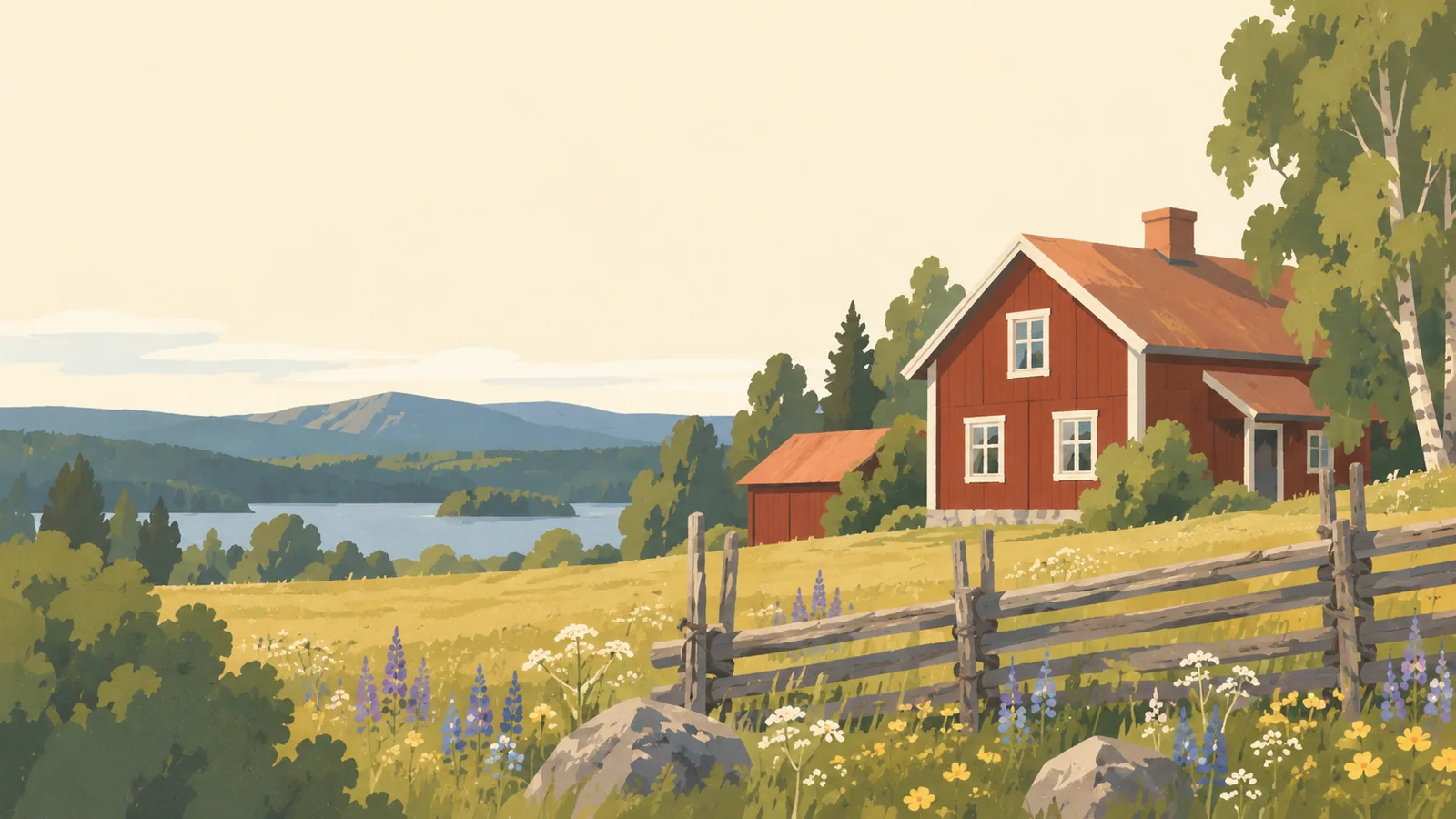 Flat gouache illustration of Dalarna: A traditional Falun-red Dalarna timber farmhouse and simple wooden fence in a broad meadow of summer flowers.